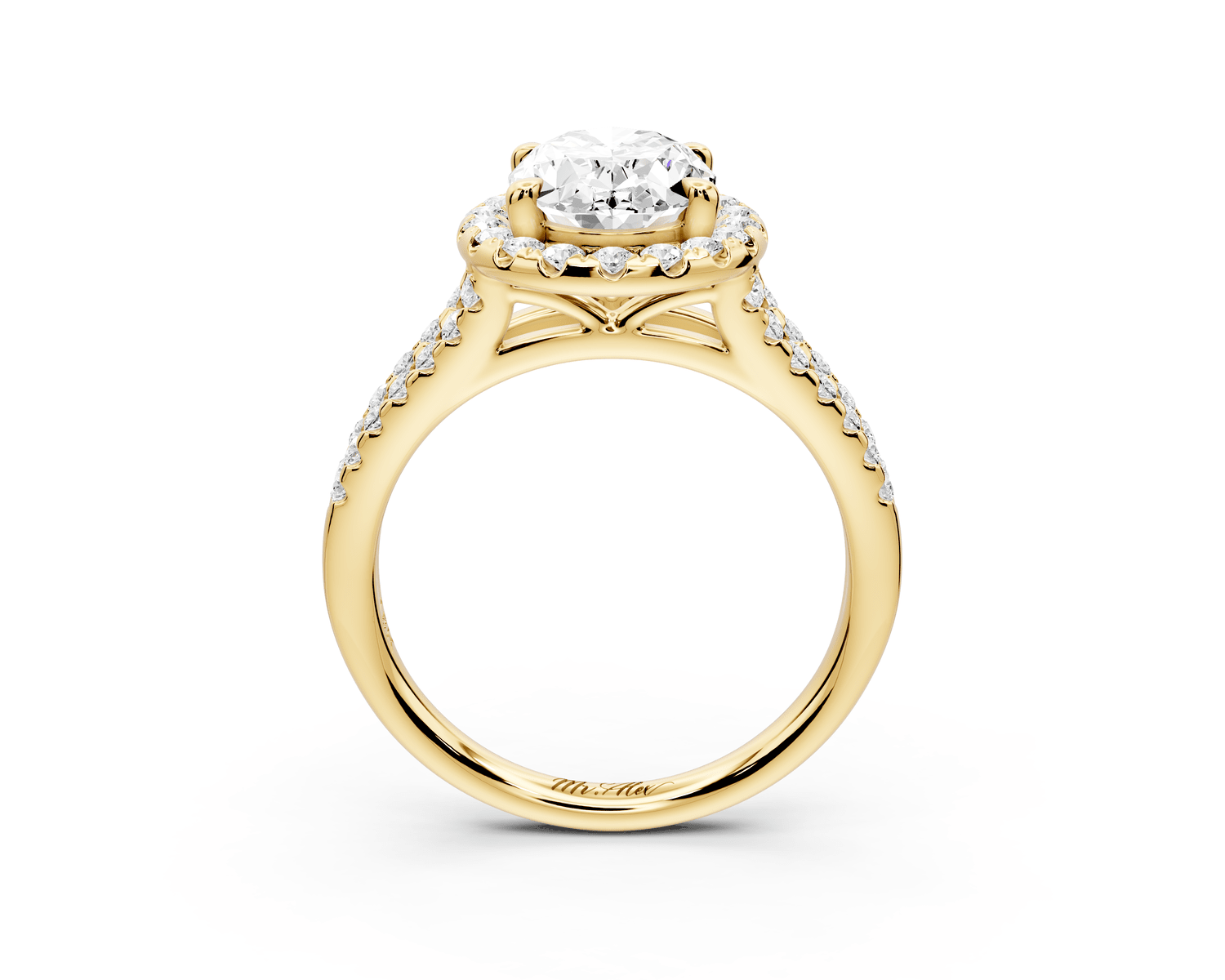 Gabrielle - 2ct 18k yellow gold oval Diamond Graduated Halo Pavé Split Shank Engagement Ring - Mr. Alex Jewelry