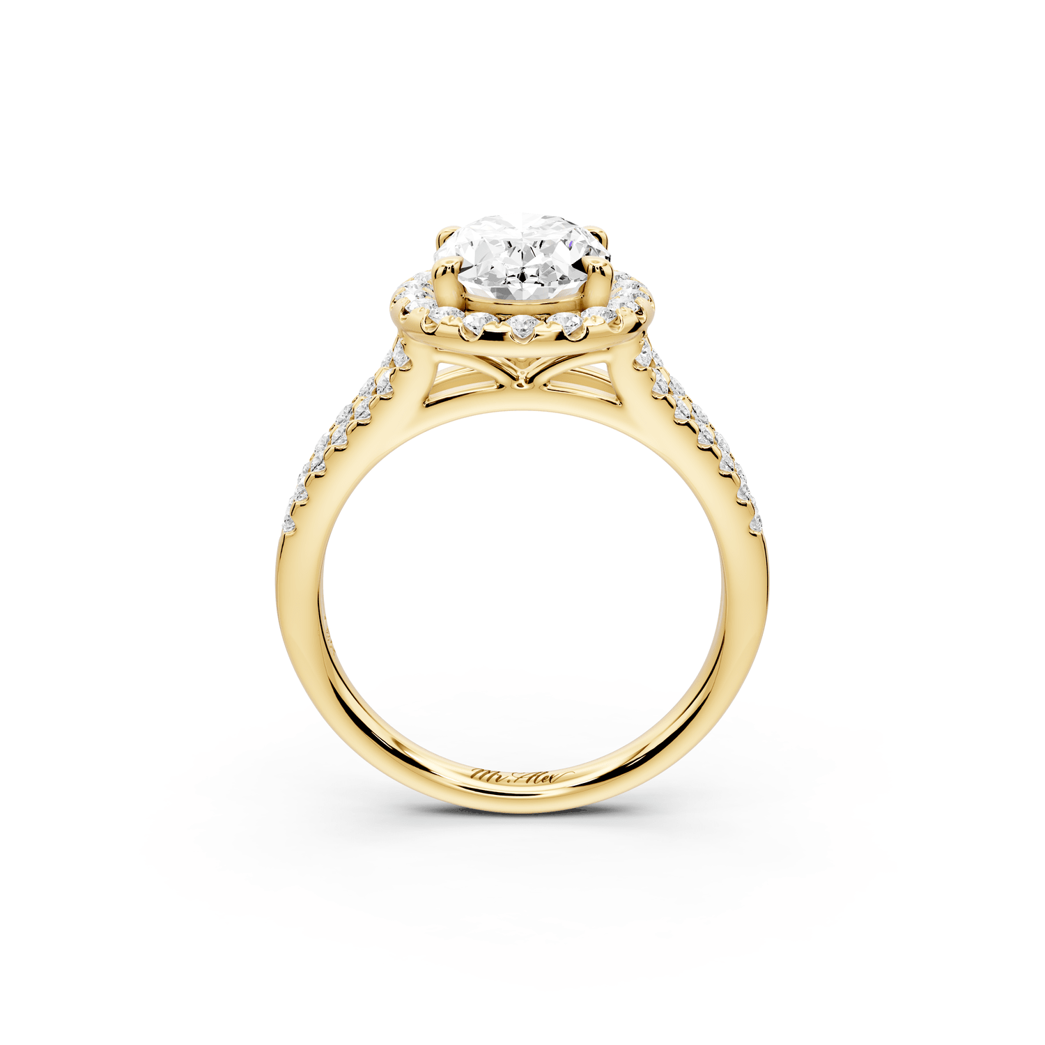 Gabrielle - 2ct 18k yellow gold oval Diamond Graduated Halo Pavé Split Shank Engagement Ring - Mr. Alex Jewelry