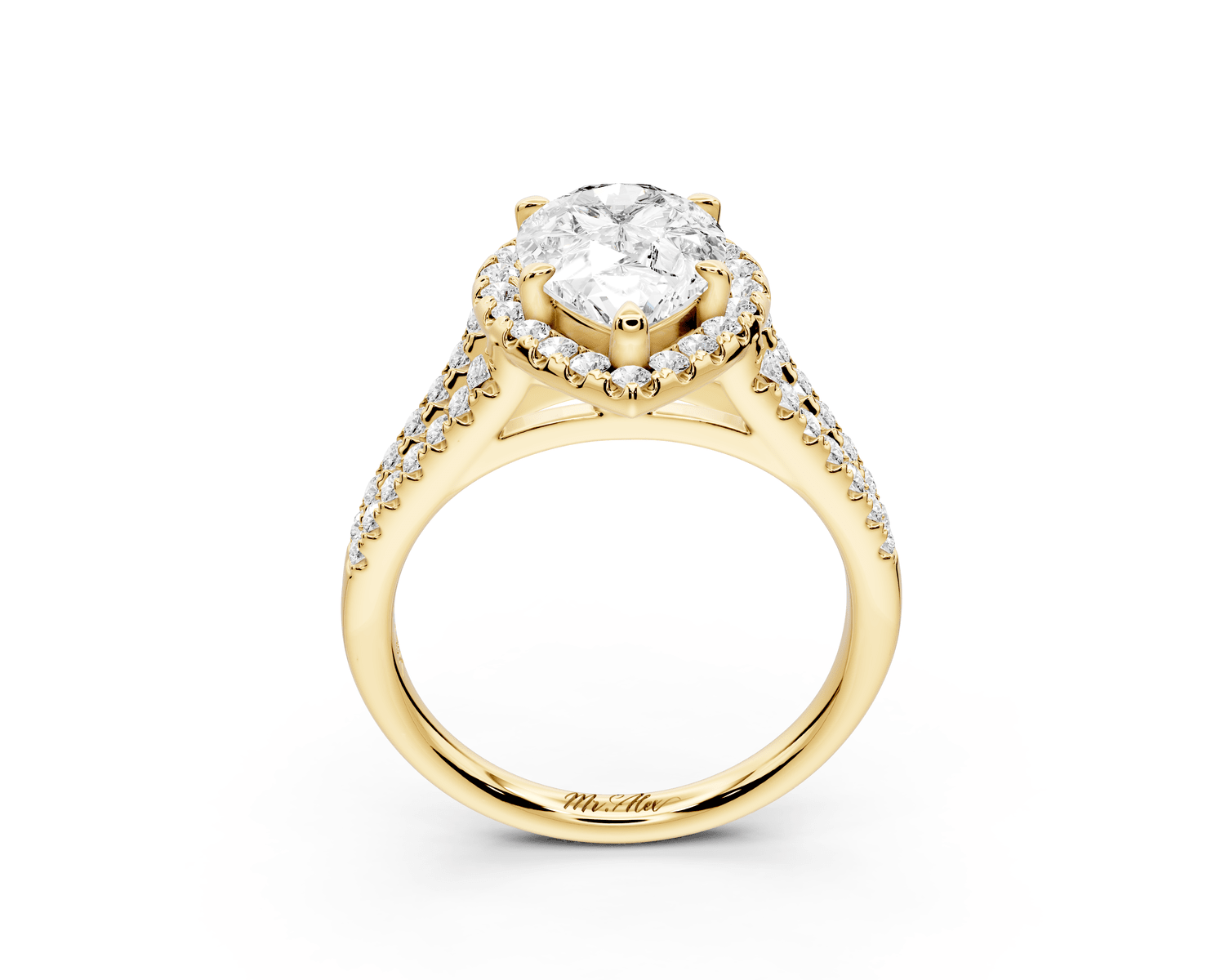 Gabrielle - 2ct 18k yellow gold pear Diamond Graduated Halo Pavé Split Shank Engagement Ring - Mr. Alex Jewelry
