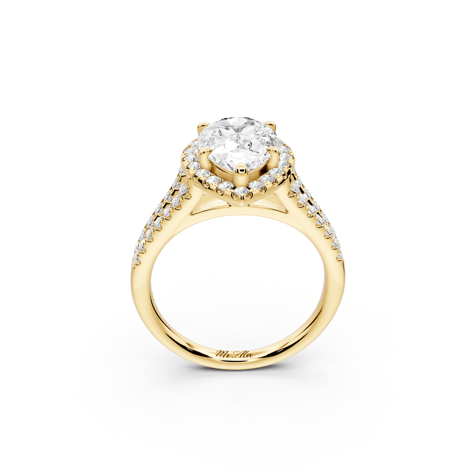 Gabrielle - 2ct 18k yellow gold pear Diamond Graduated Halo Pavé Split Shank Engagement Ring - Mr. Alex Jewelry