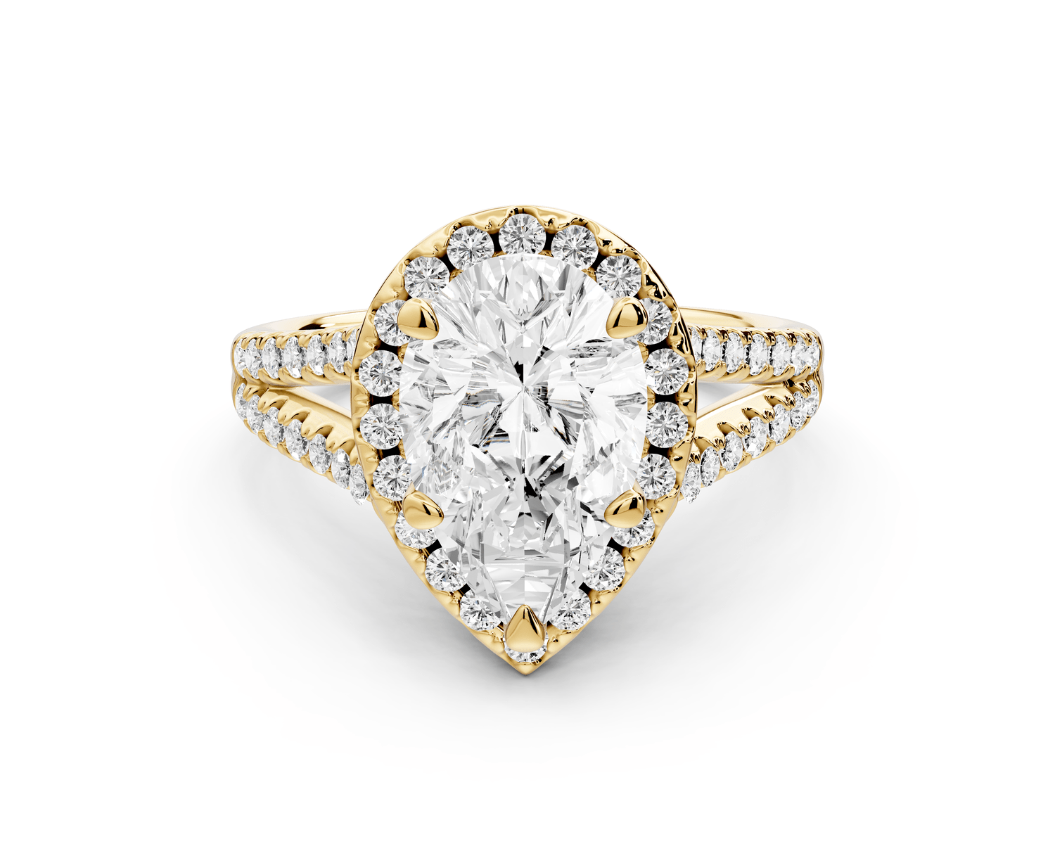 Gabrielle - 2ct 18k yellow gold pear Diamond Graduated Halo Pavé Split Shank Engagement Ring - Mr. Alex Jewelry