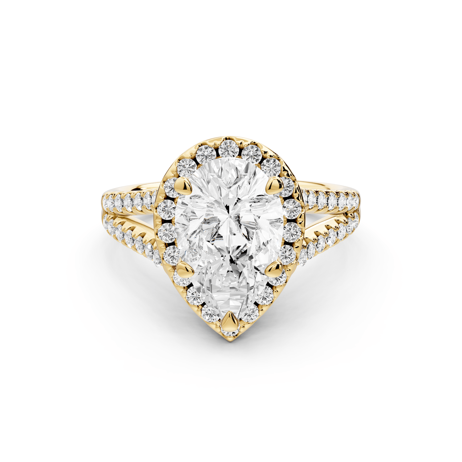 Gabrielle - 2ct 18k yellow gold pear Diamond Graduated Halo Pavé Split Shank Engagement Ring - Mr. Alex Jewelry