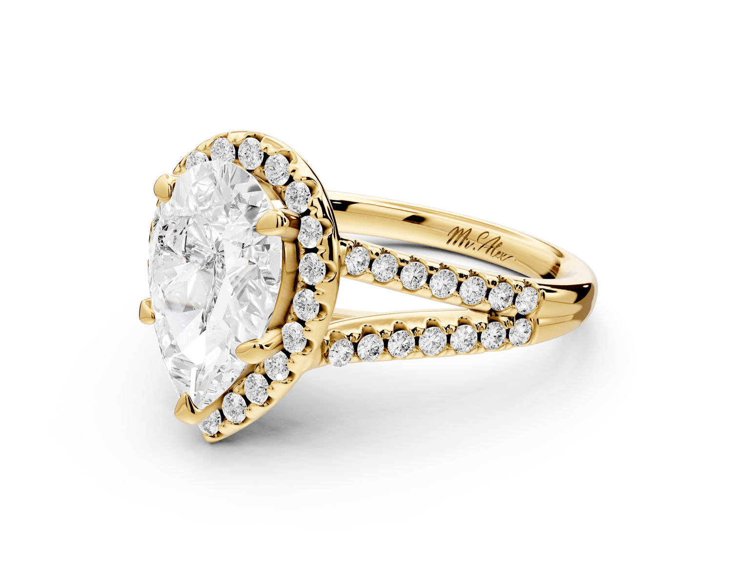 Gabrielle - 2ct 18k yellow gold pear Diamond Graduated Halo Pavé Split Shank Engagement Ring - Mr. Alex Jewelry
