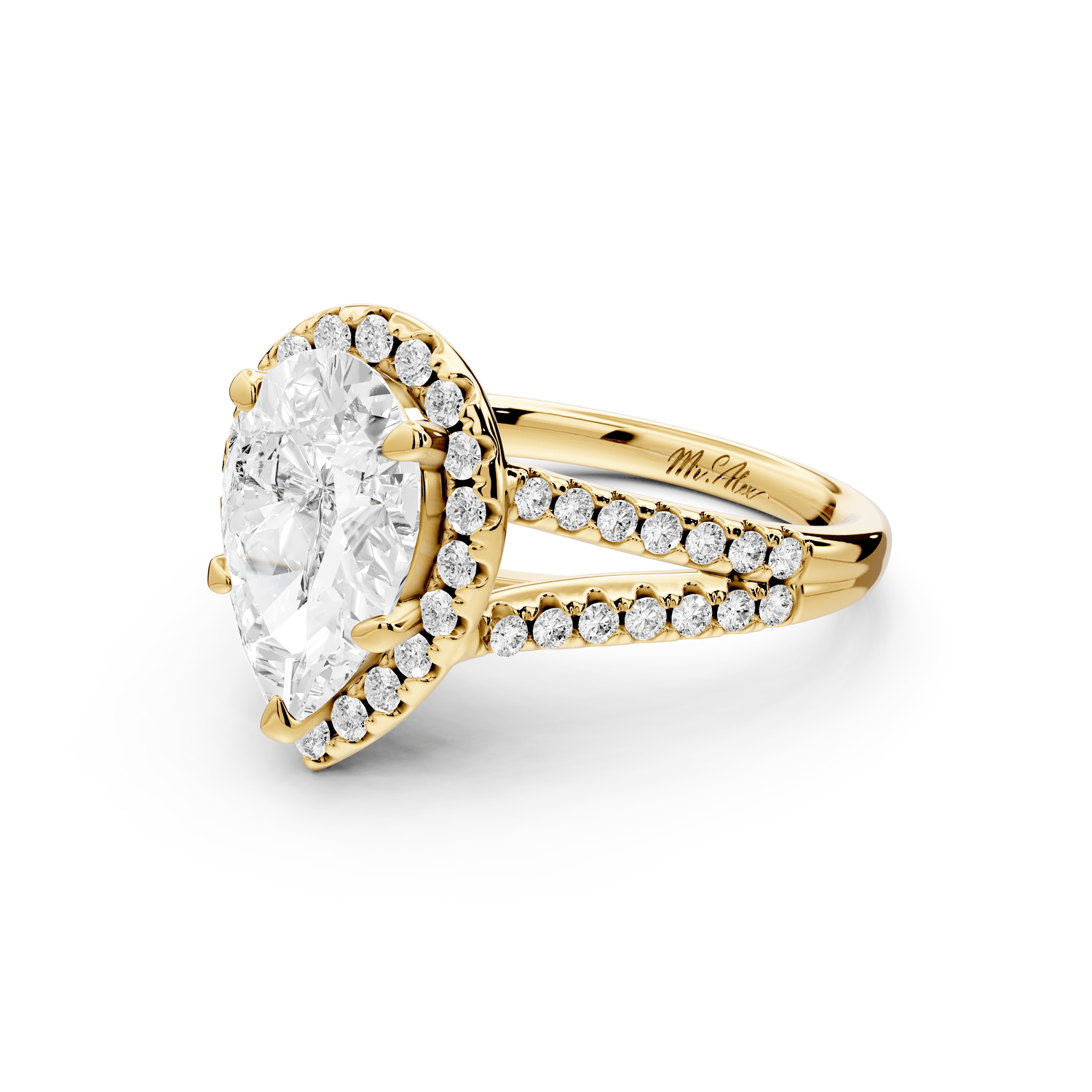 Gabrielle - 2ct 18k yellow gold pear Diamond Graduated Halo Pavé Split Shank Engagement Ring - Mr. Alex Jewelry