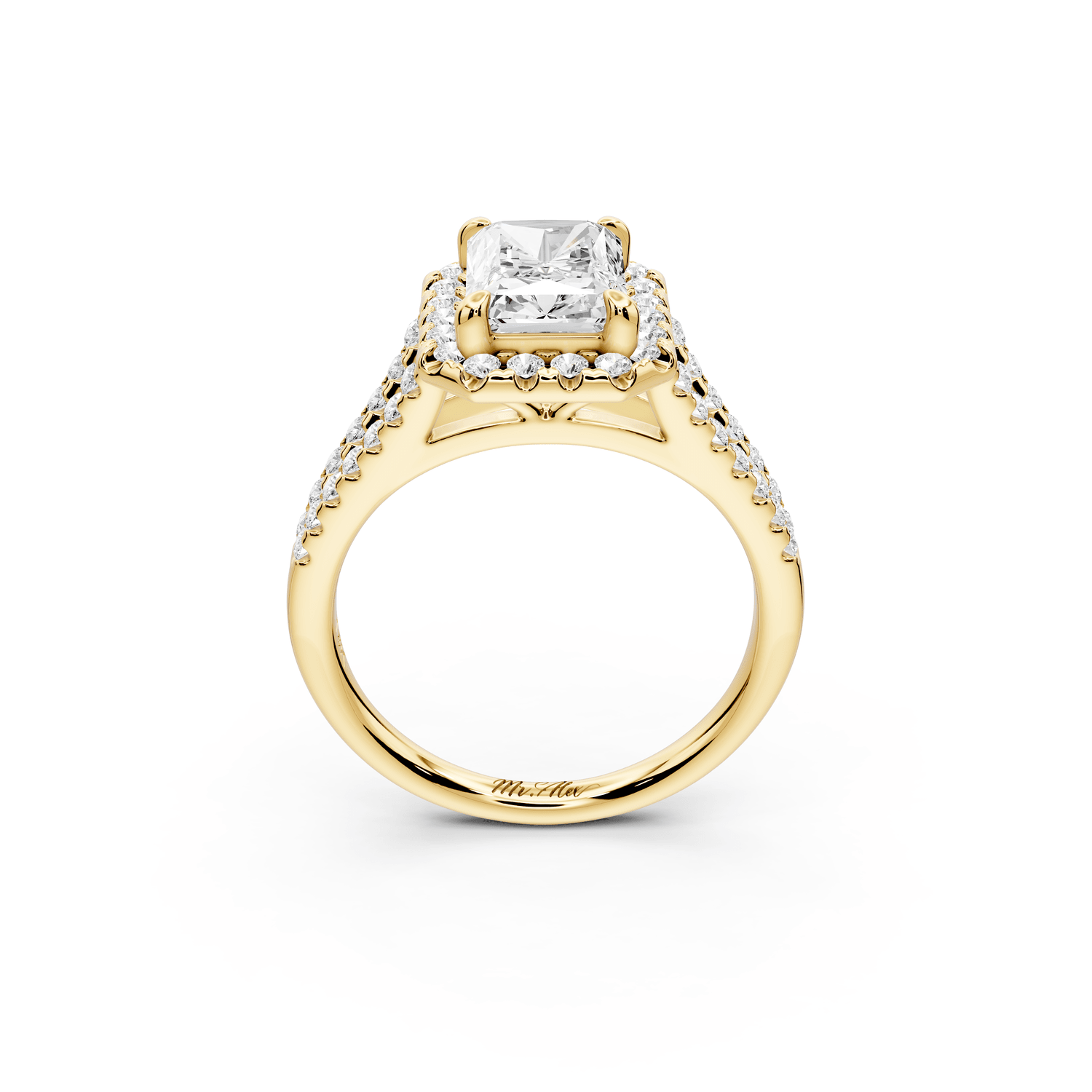 Gabrielle - 2ct 18k yellow gold radiant Diamond Graduated Halo Pavé Split Shank Engagement Ring - Mr. Alex Jewelry