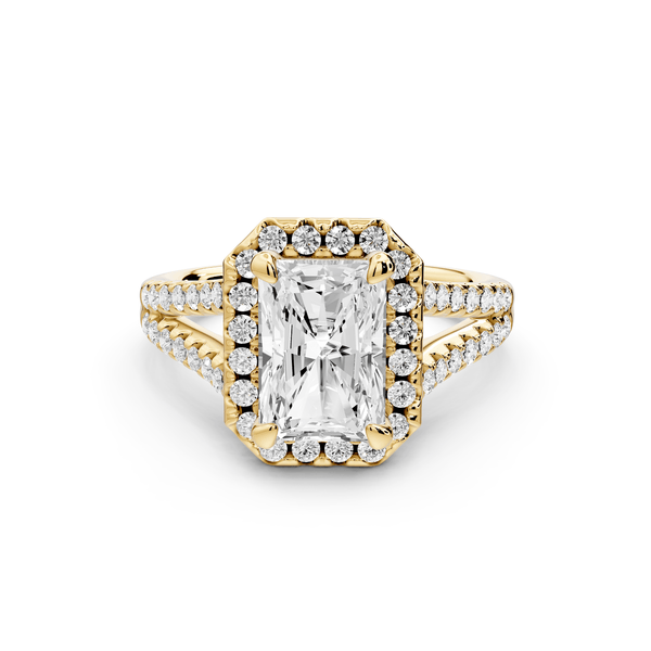 Gabrielle - 2ct 18k yellow gold radiant Diamond Graduated Halo Pavé Split Shank Engagement Ring - Mr. Alex Jewelry