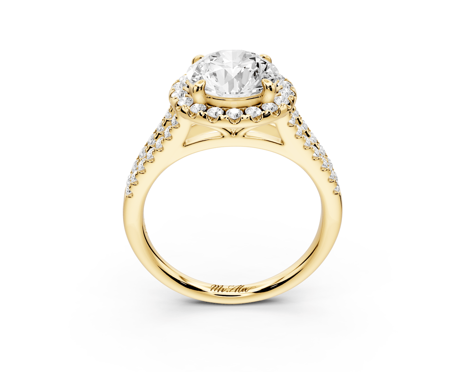Gabrielle - 2ct 18k yellow gold round Diamond Graduated Halo Pavé Split Shank Engagement Ring - Mr. Alex Jewelry