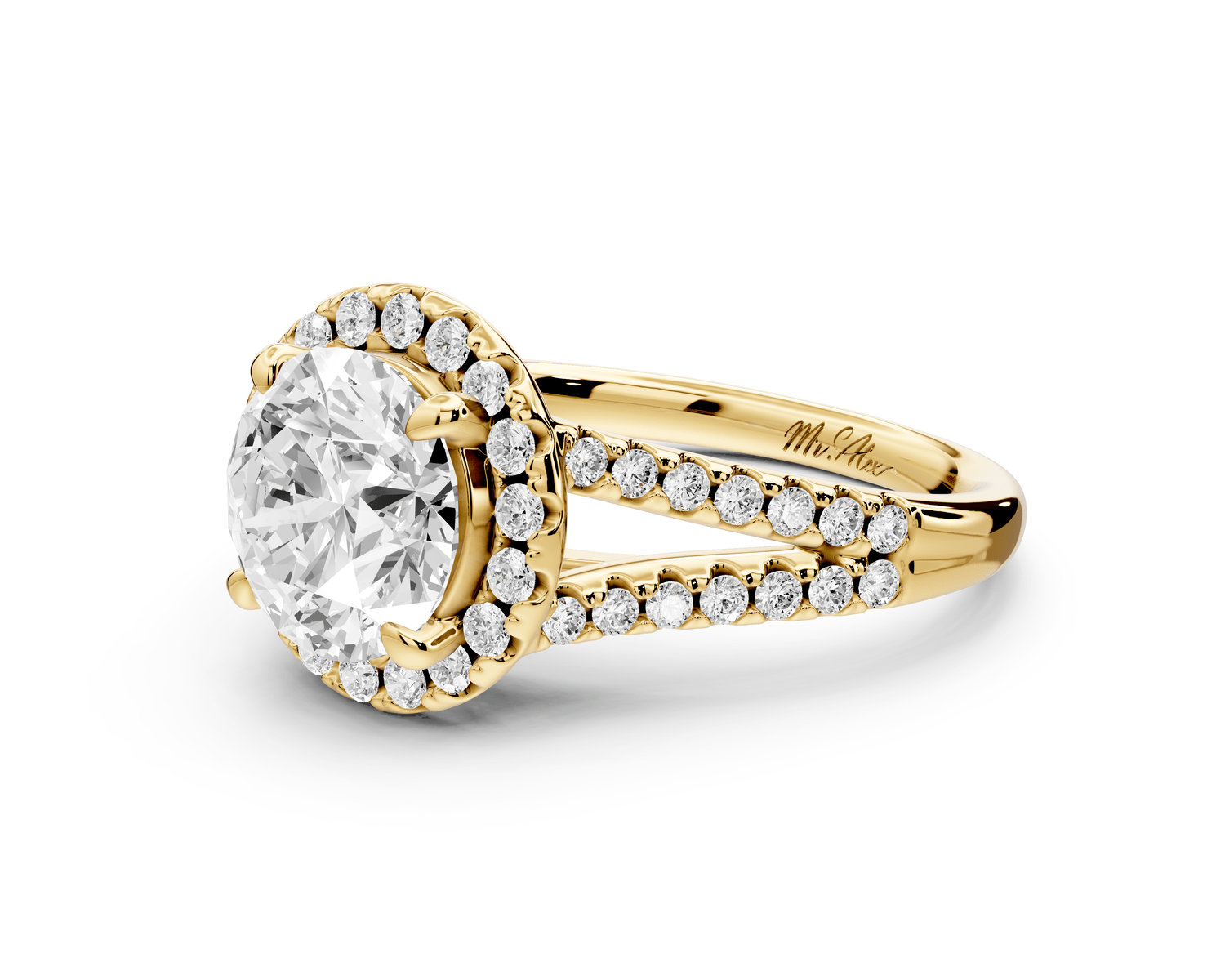 Gabrielle - 2ct 18k yellow gold round Diamond Graduated Halo Pavé Split Shank Engagement Ring - Mr. Alex Jewelry