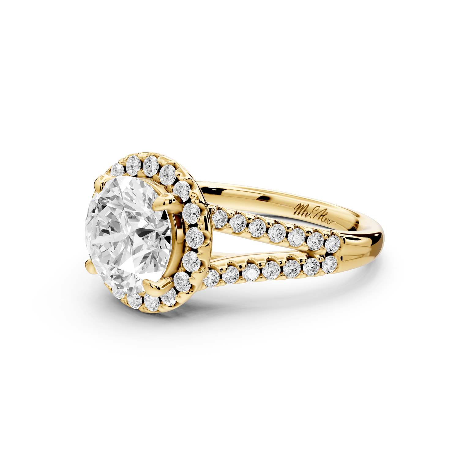 Gabrielle - 2ct 18k yellow gold round Diamond Graduated Halo Pavé Split Shank Engagement Ring - Mr. Alex Jewelry