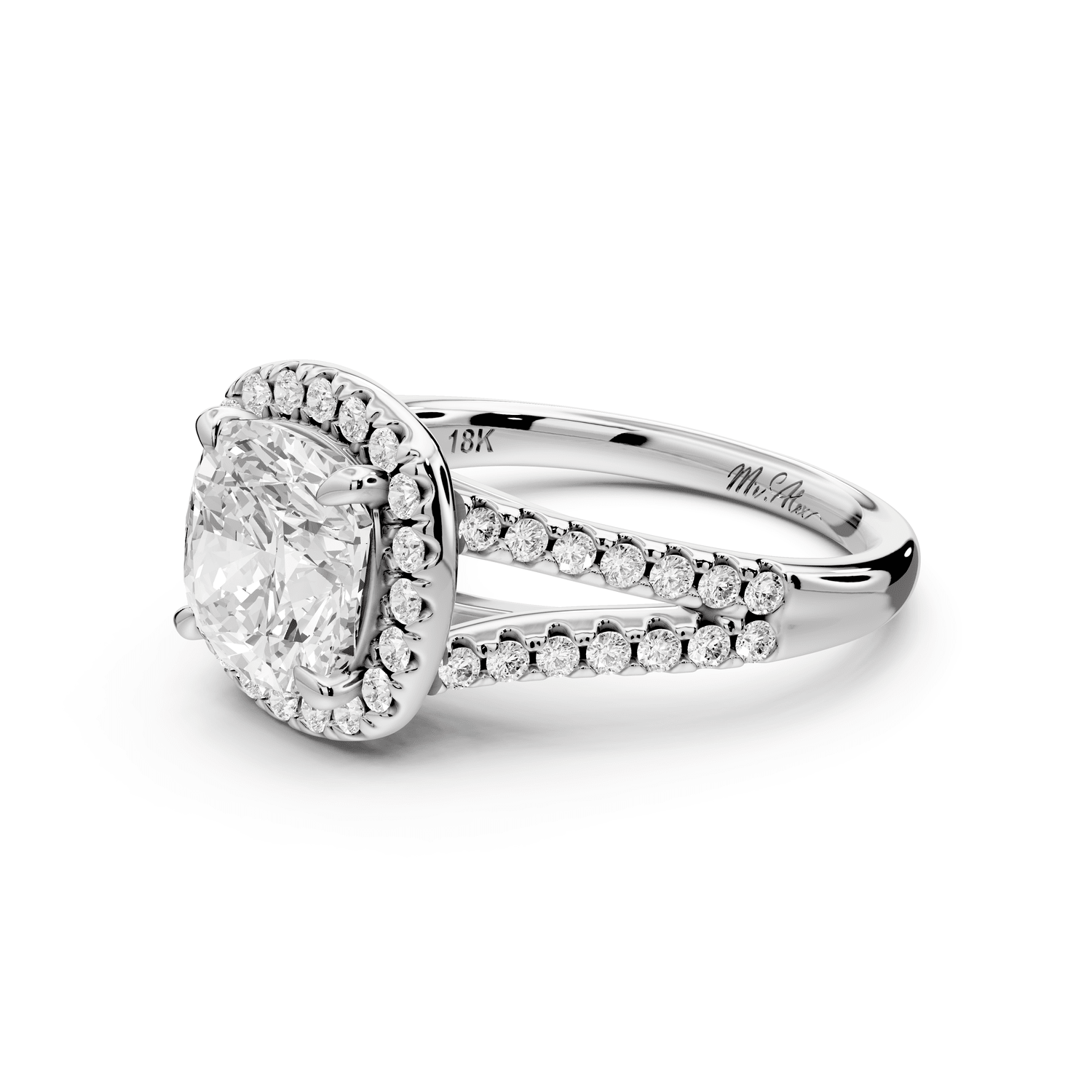 Gabrielle - 2ct platinum cushion Diamond Graduated Halo Pavé Split Shank Engagement Ring - Mr. Alex Jewelry