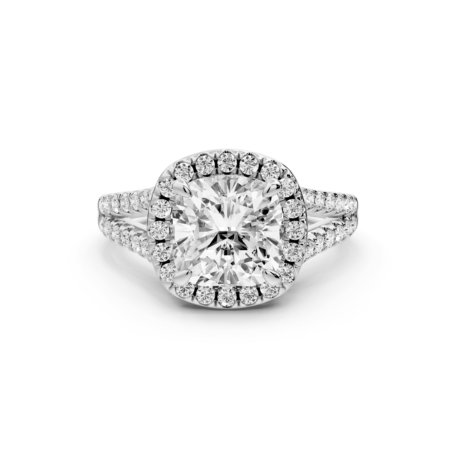 Gabrielle - 2ct platinum cushion Diamond Graduated Halo Pavé Split Shank Engagement Ring - Mr. Alex Jewelry