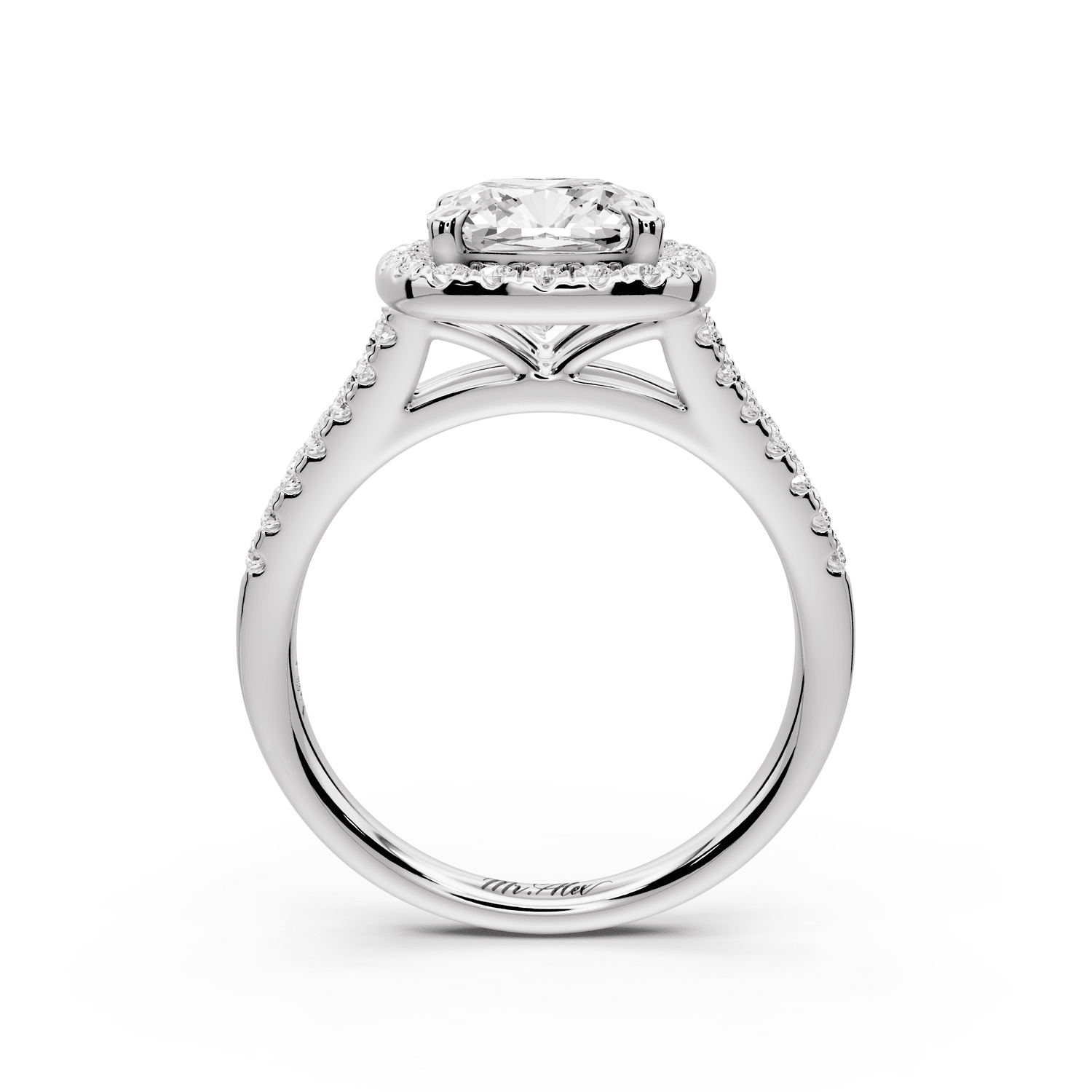 Gabrielle - 2ct platinum cushion Diamond Graduated Halo Pavé Split Shank Engagement Ring - Mr. Alex Jewelry