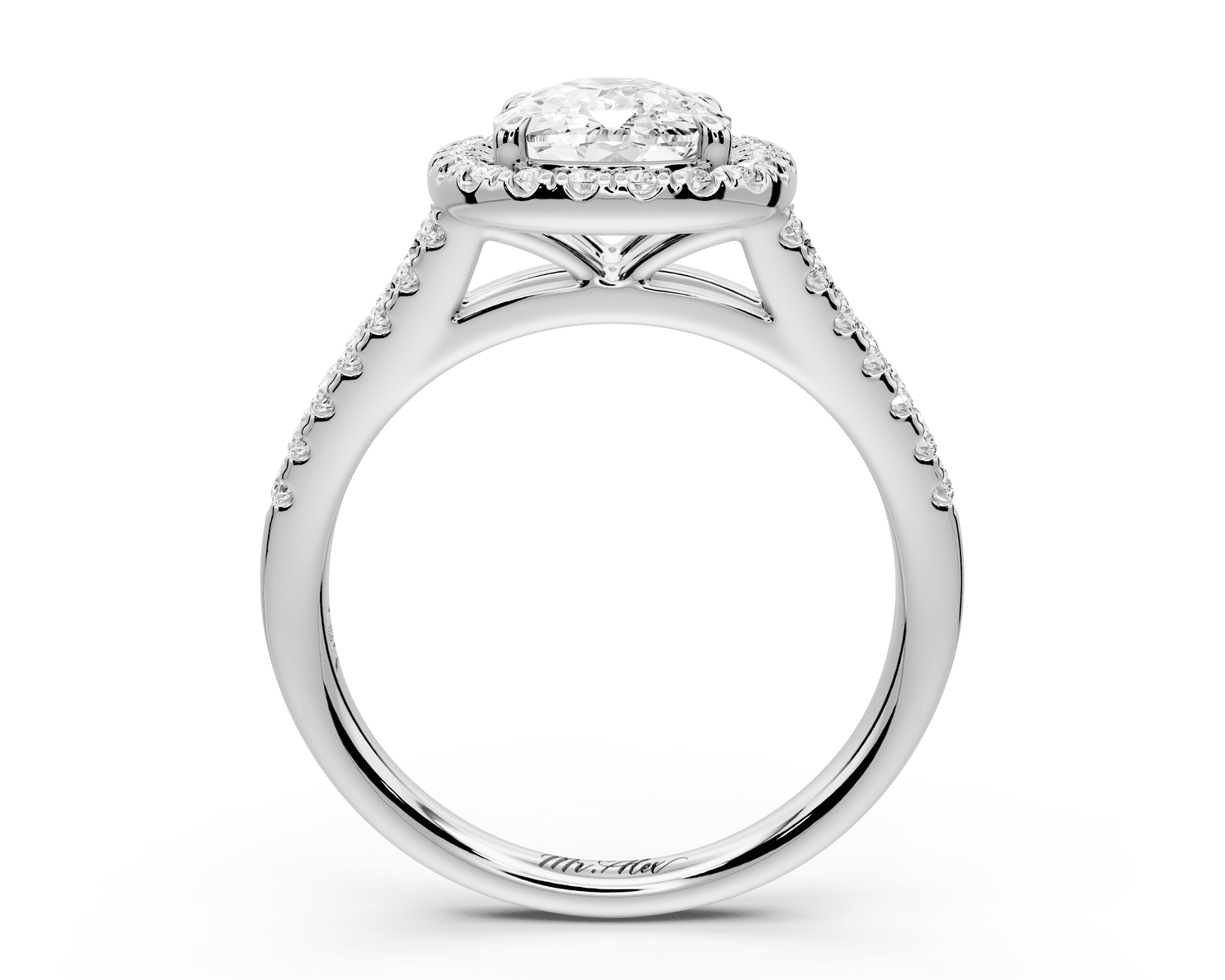 Gabrielle - 2ct platinum ecushion Diamond Graduated Halo Pavé Split Shank Engagement Ring - Mr. Alex Jewelry