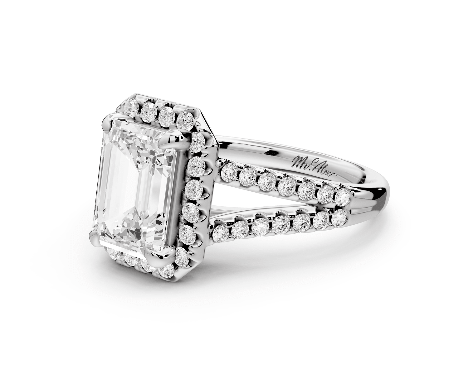 Gabrielle - 2ct platinum emerald Diamond Graduated Halo Pavé Split Shank Engagement Ring - Mr. Alex Jewelry