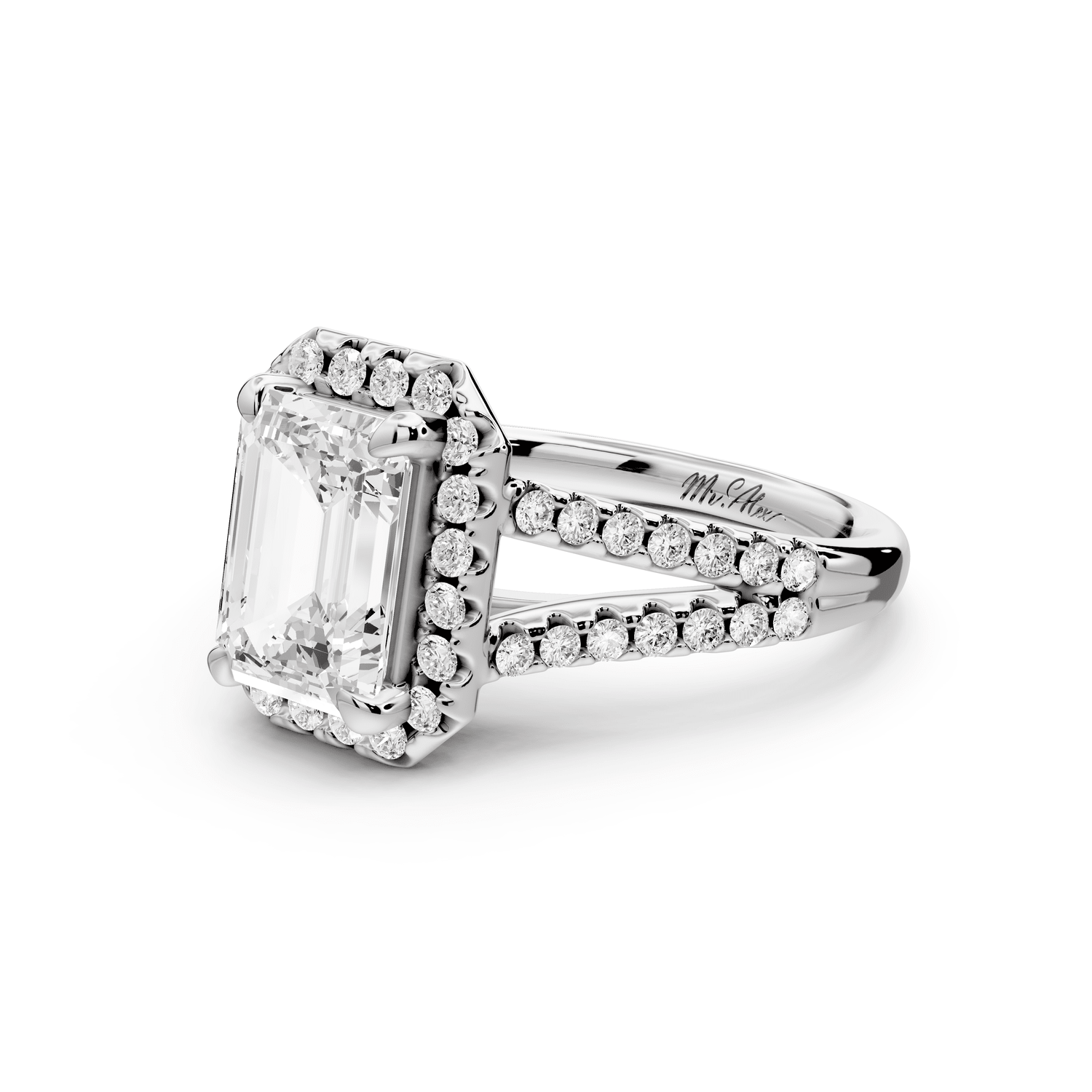 Gabrielle - 2ct platinum emerald Diamond Graduated Halo Pavé Split Shank Engagement Ring - Mr. Alex Jewelry