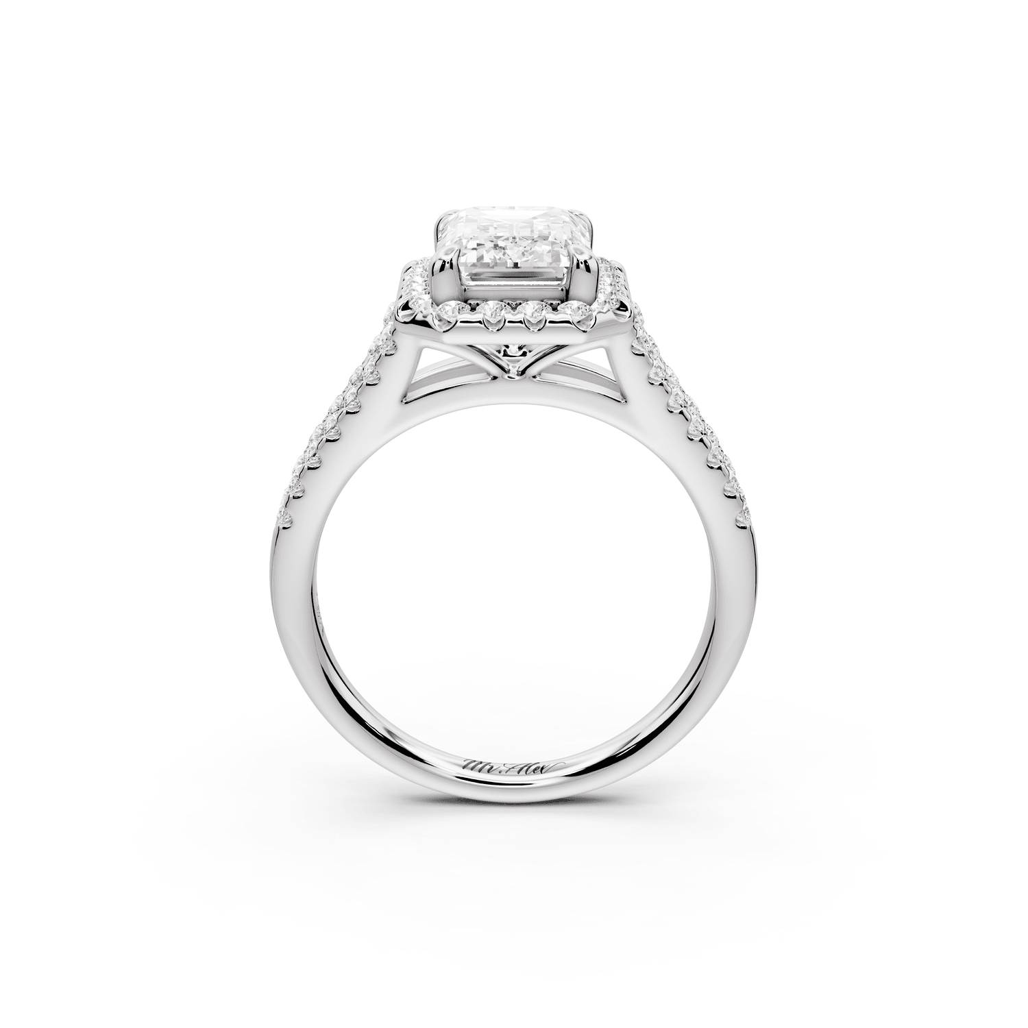 Gabrielle - 2ct platinum emerald Diamond Graduated Halo Pavé Split Shank Engagement Ring - Mr. Alex Jewelry