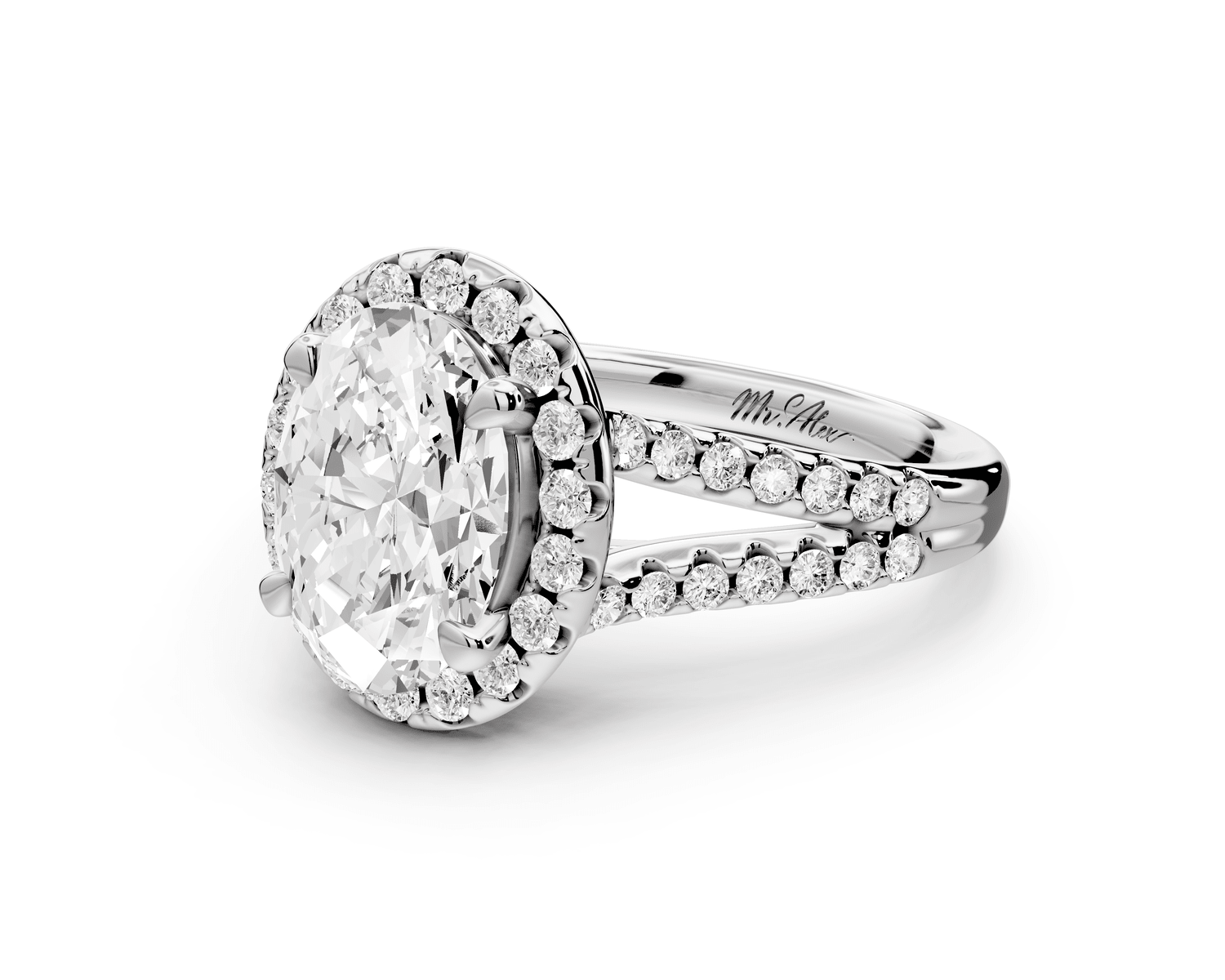 Gabrielle - 2ct platinum oval Diamond Graduated Halo Pavé Split Shank Engagement Ring - Mr. Alex Jewelry