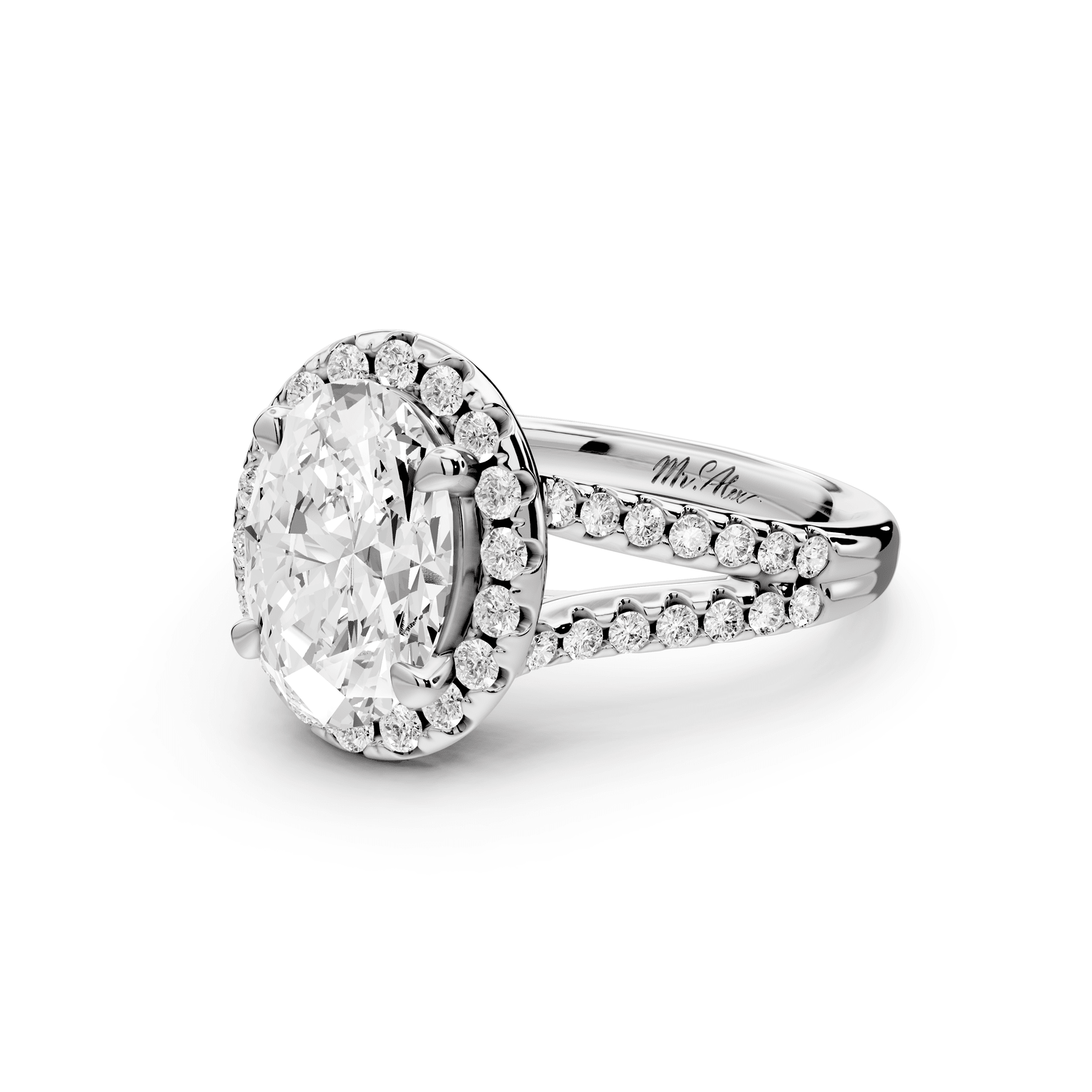 Gabrielle - 2ct platinum oval Diamond Graduated Halo Pavé Split Shank Engagement Ring - Mr. Alex Jewelry