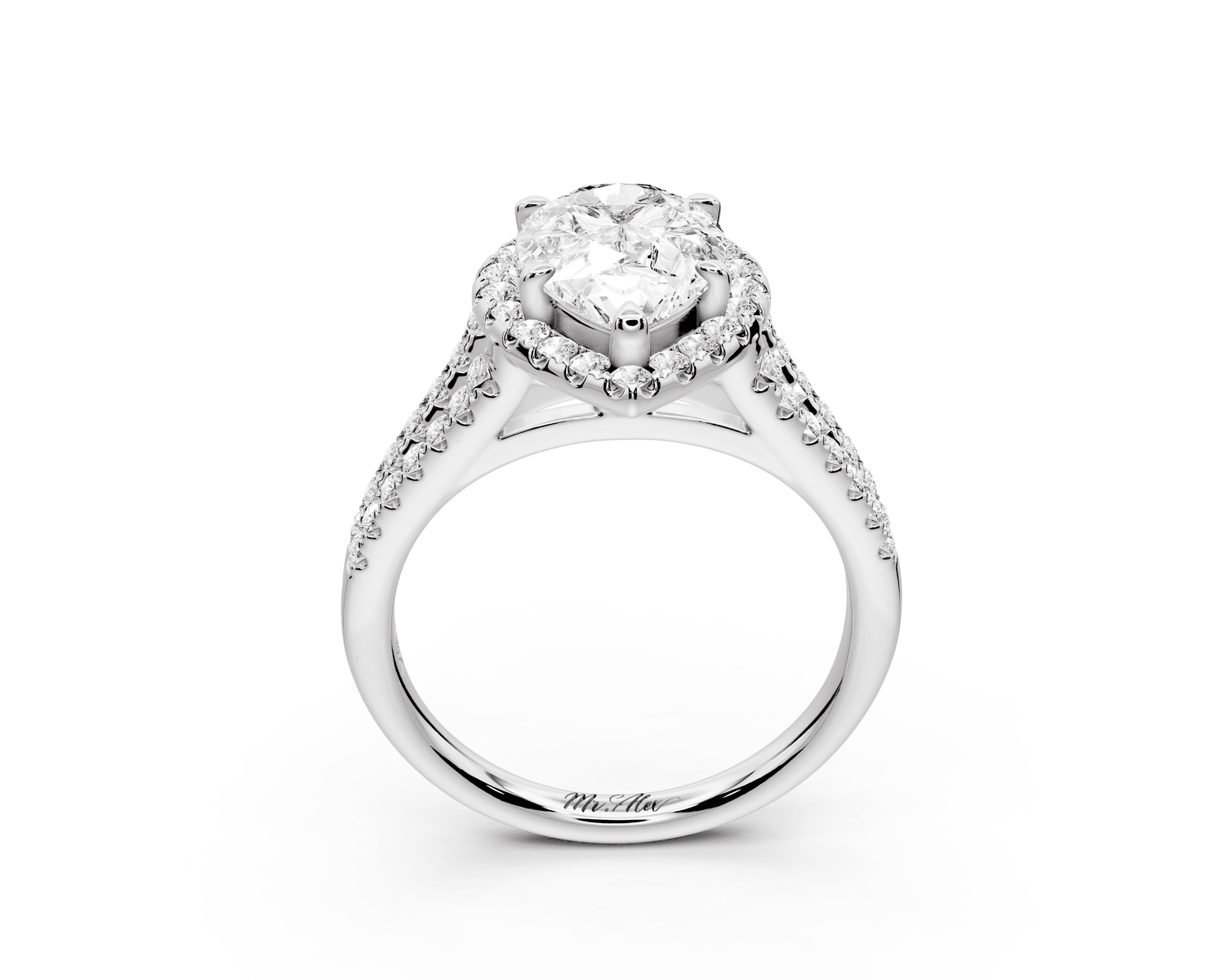 Gabrielle - 2ct platinum pear Diamond Graduated Halo Pavé Split Shank Engagement Ring - Mr. Alex Jewelry