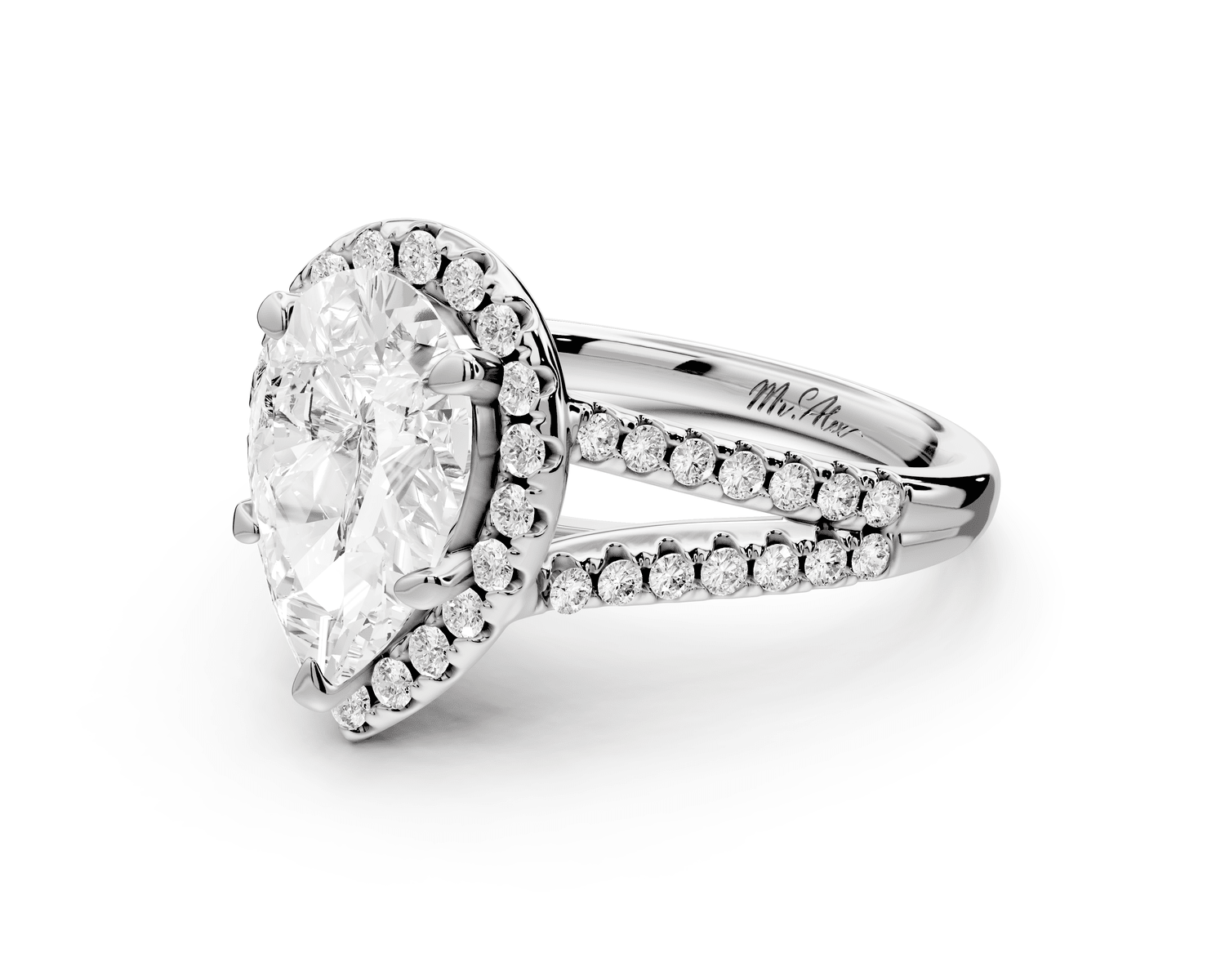 Gabrielle - 2ct platinum pear Diamond Graduated Halo Pavé Split Shank Engagement Ring - Mr. Alex Jewelry
