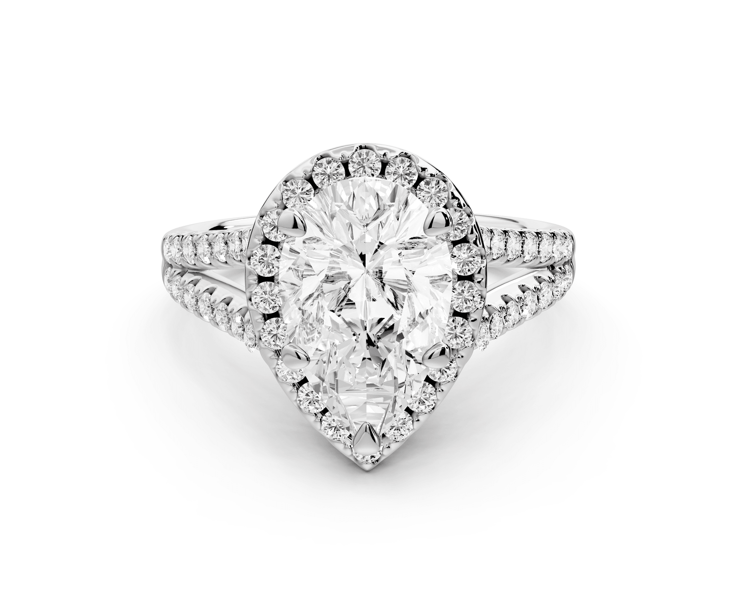 Gabrielle - 2ct platinum pear Diamond Graduated Halo Pavé Split Shank Engagement Ring - Mr. Alex Jewelry