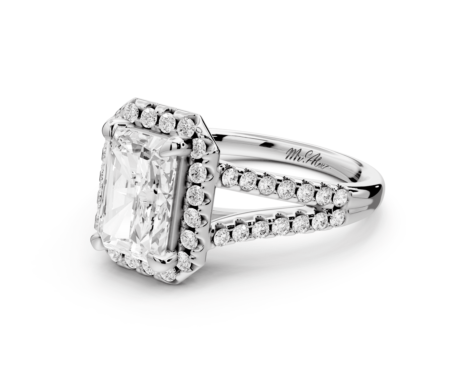 Gabrielle - 2ct platinum radiant Diamond Graduated Halo Pavé Split Shank Engagement Ring - Mr. Alex Jewelry