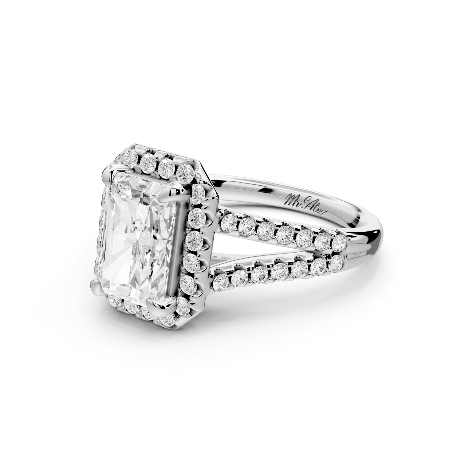 Gabrielle - 2ct platinum radiant Diamond Graduated Halo Pavé Split Shank Engagement Ring - Mr. Alex Jewelry