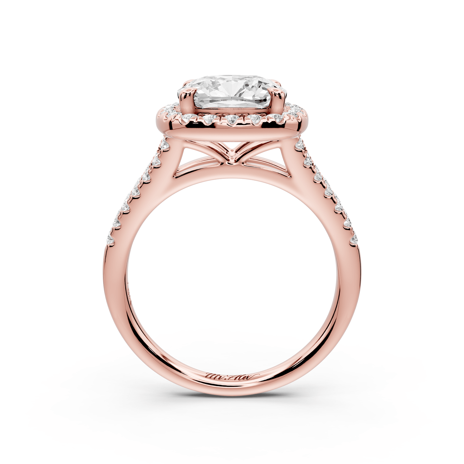Gabrielle - 3ct 14k rose gold cushion Diamond Graduated Halo Pavé Split Shank Engagement Ring - Mr. Alex Jewelry
