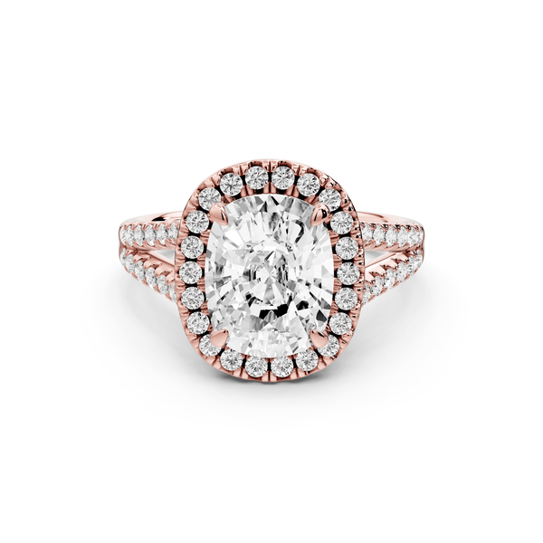 Gabrielle - 3ct 14k rose gold ecushion Diamond Graduated Halo Pavé Split Shank Engagement Ring - Mr. Alex Jewelry