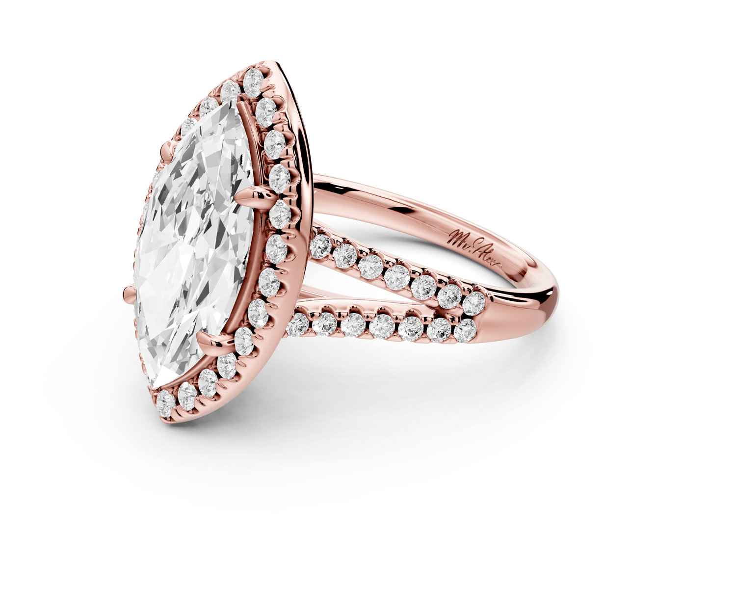 Gabrielle - 3ct 14k rose gold marquise Diamond Graduated Halo Pavé Split Shank Engagement Ring - Mr. Alex Jewelry