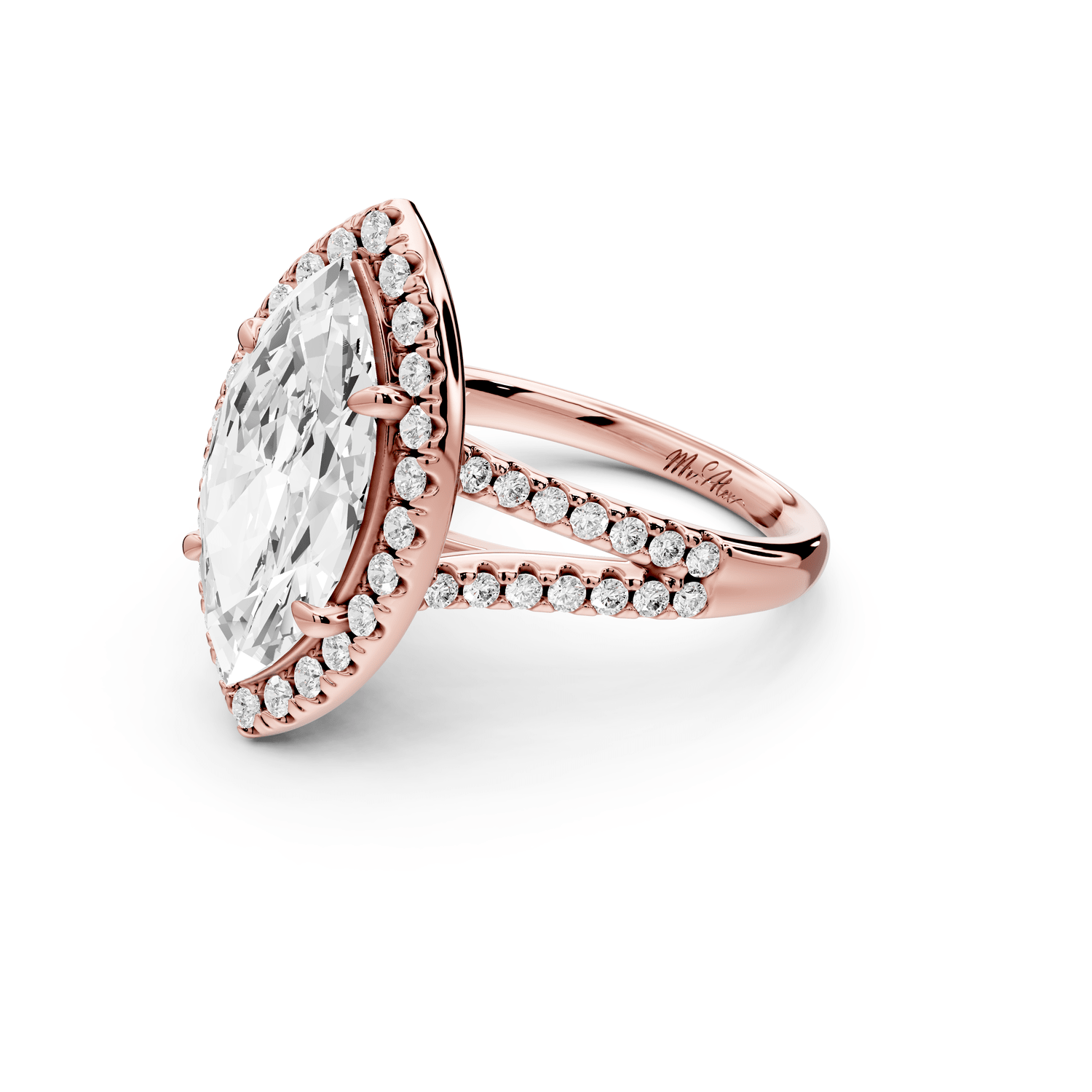Gabrielle - 3ct 14k rose gold marquise Diamond Graduated Halo Pavé Split Shank Engagement Ring - Mr. Alex Jewelry