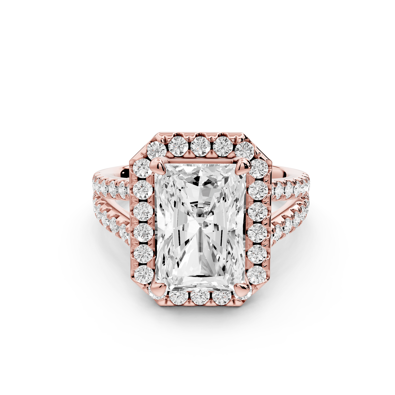 Gabrielle - 3ct 14k rose gold radiant Diamond Graduated Halo Pavé Split Shank Engagement Ring - Mr. Alex Jewelry