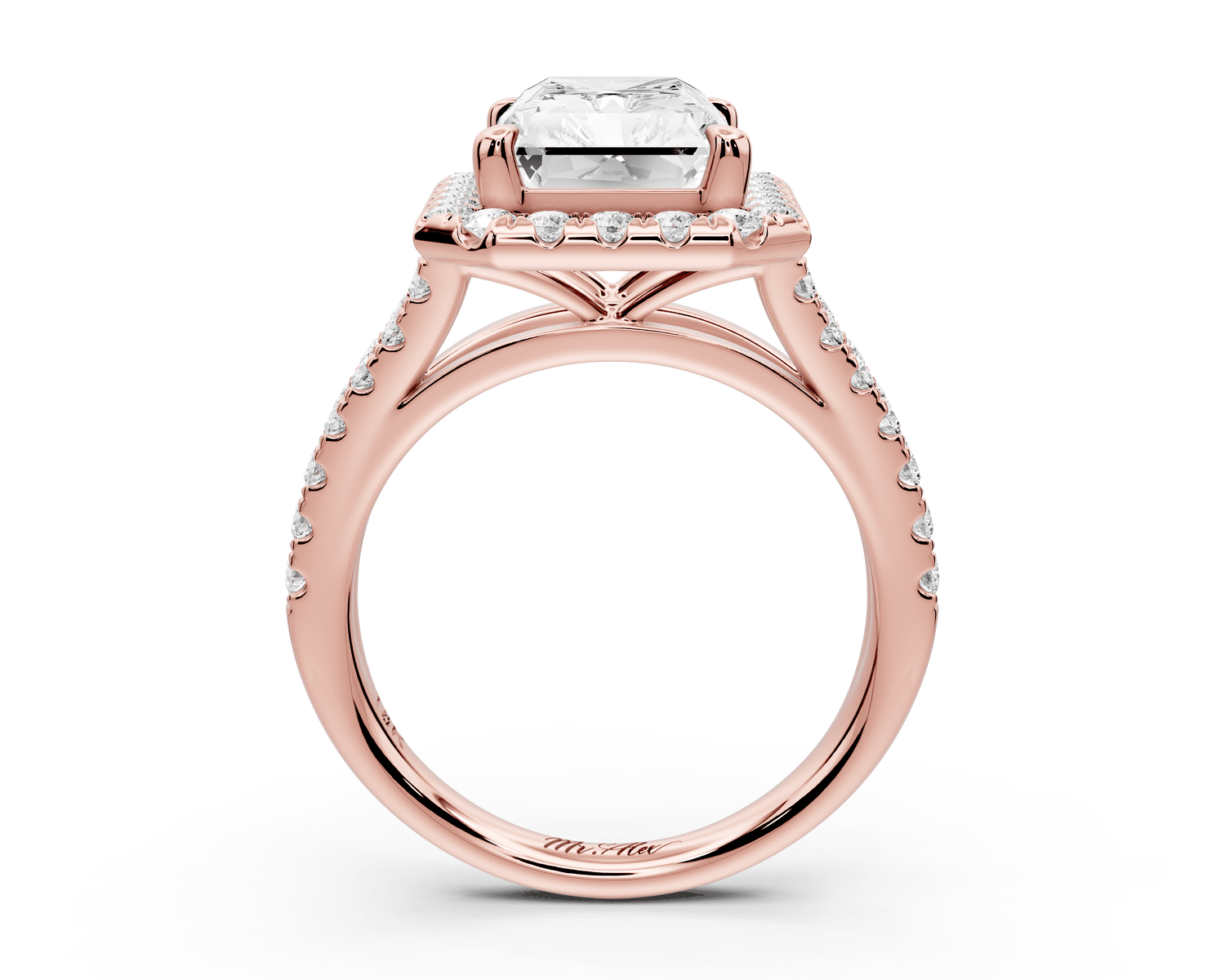 Gabrielle - 3ct 14k rose gold radiant Diamond Graduated Halo Pavé Split Shank Engagement Ring - Mr. Alex Jewelry