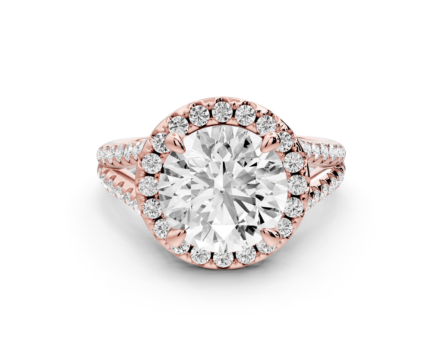 Gabrielle - 3ct 14k rose gold round Diamond Graduated Halo Pavé Split Shank Engagement Ring - Mr. Alex Jewelry