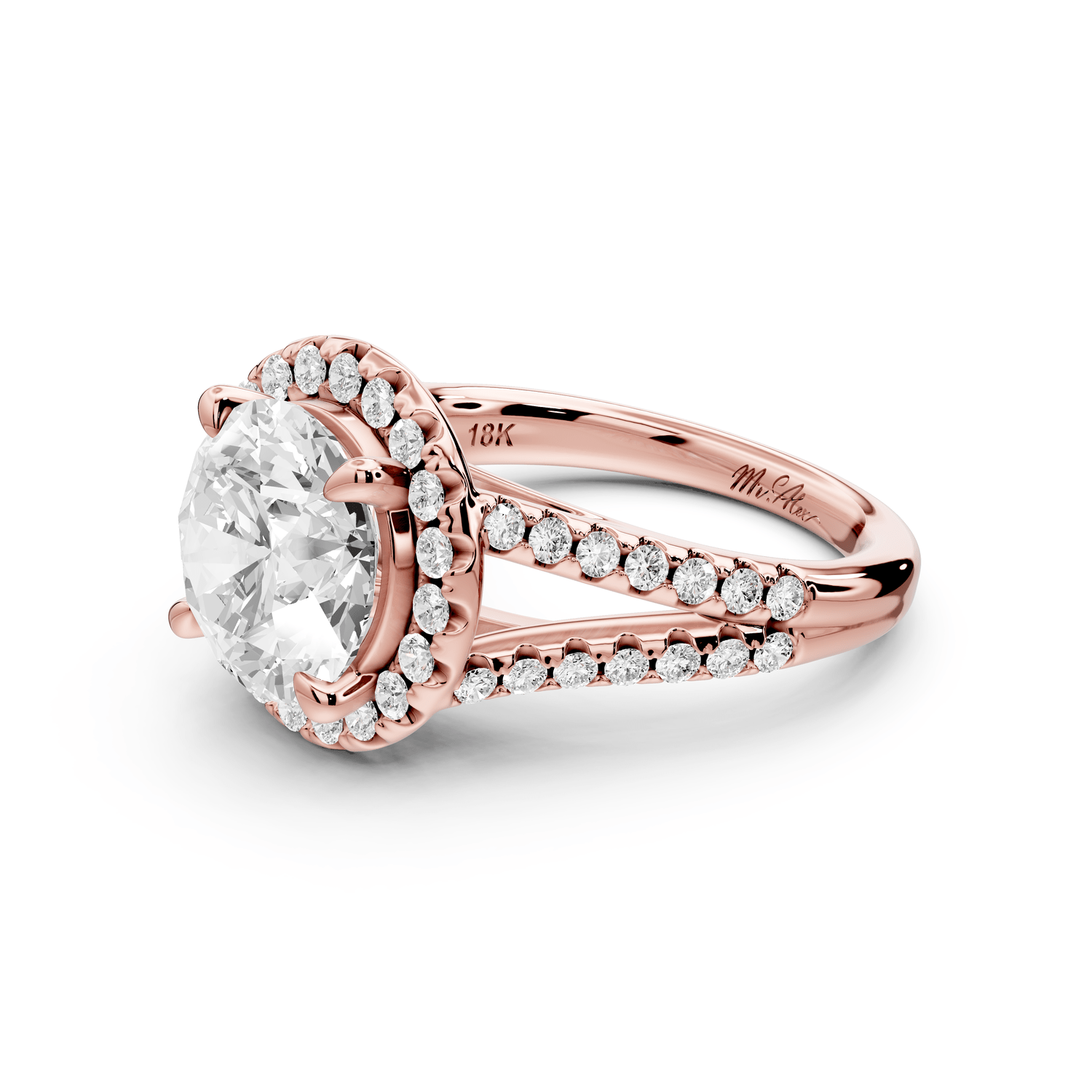 Gabrielle - 3ct 14k rose gold round Diamond Graduated Halo Pavé Split Shank Engagement Ring - Mr. Alex Jewelry