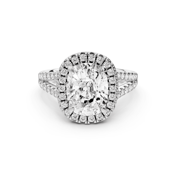 Gabrielle - 3ct 14k white gold ecushion Diamond Graduated Halo Pavé Split Shank Engagement Ring - Mr. Alex Jewelry