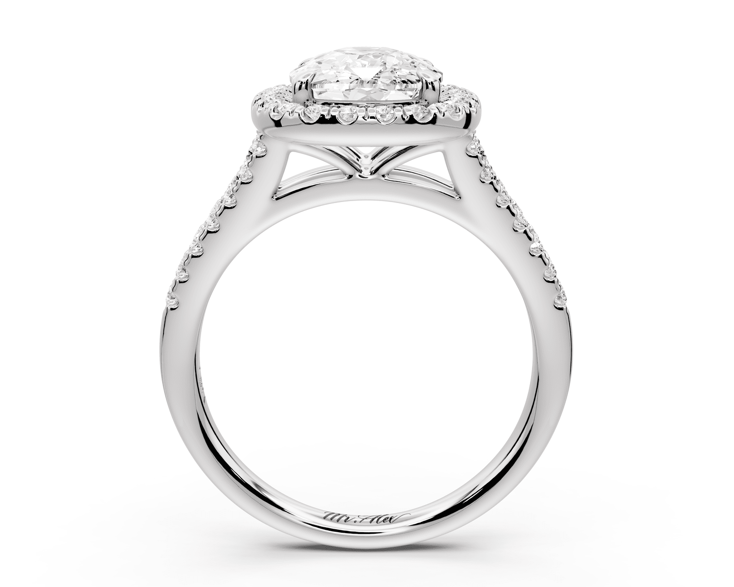 Gabrielle - 3ct 14k white gold ecushion Diamond Graduated Halo Pavé Split Shank Engagement Ring - Mr. Alex Jewelry