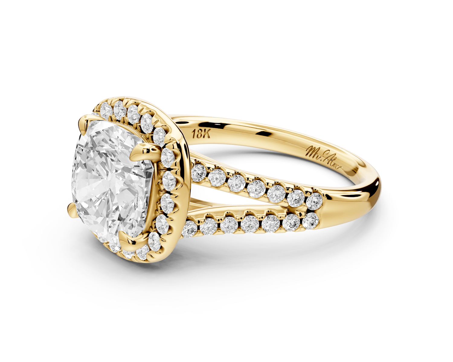 Gabrielle - 3ct 14k yellow gold cushion Diamond Graduated Halo Pavé Split Shank Engagement Ring - Mr. Alex Jewelry