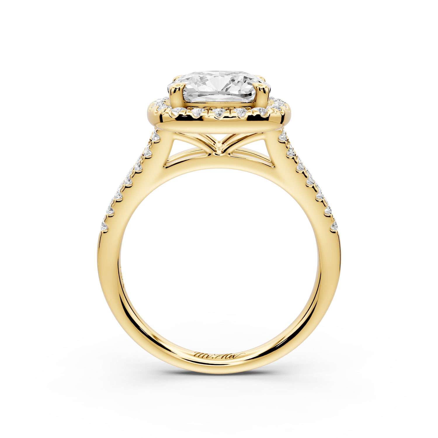 Gabrielle - 3ct 14k yellow gold cushion Diamond Graduated Halo Pavé Split Shank Engagement Ring - Mr. Alex Jewelry