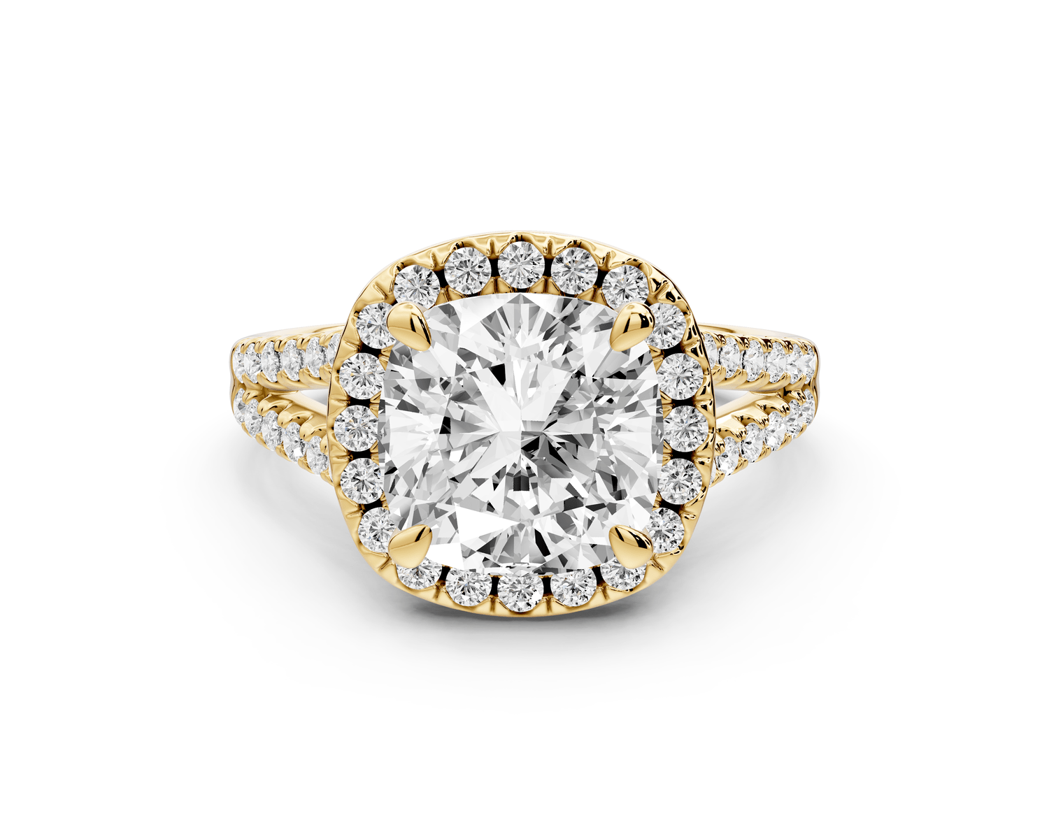 Gabrielle - 3ct 14k yellow gold cushion Diamond Graduated Halo Pavé Split Shank Engagement Ring - Mr. Alex Jewelry