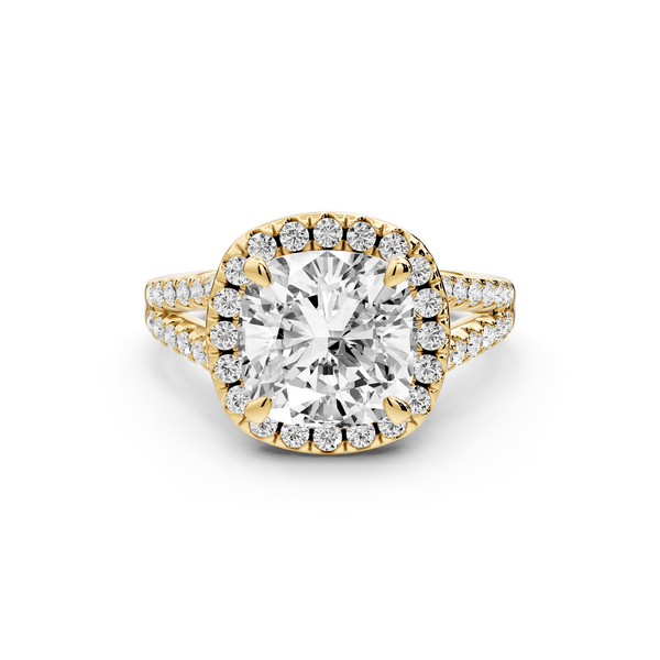 Gabrielle - 3ct 14k yellow gold cushion Diamond Graduated Halo Pavé Split Shank Engagement Ring - Mr. Alex Jewelry