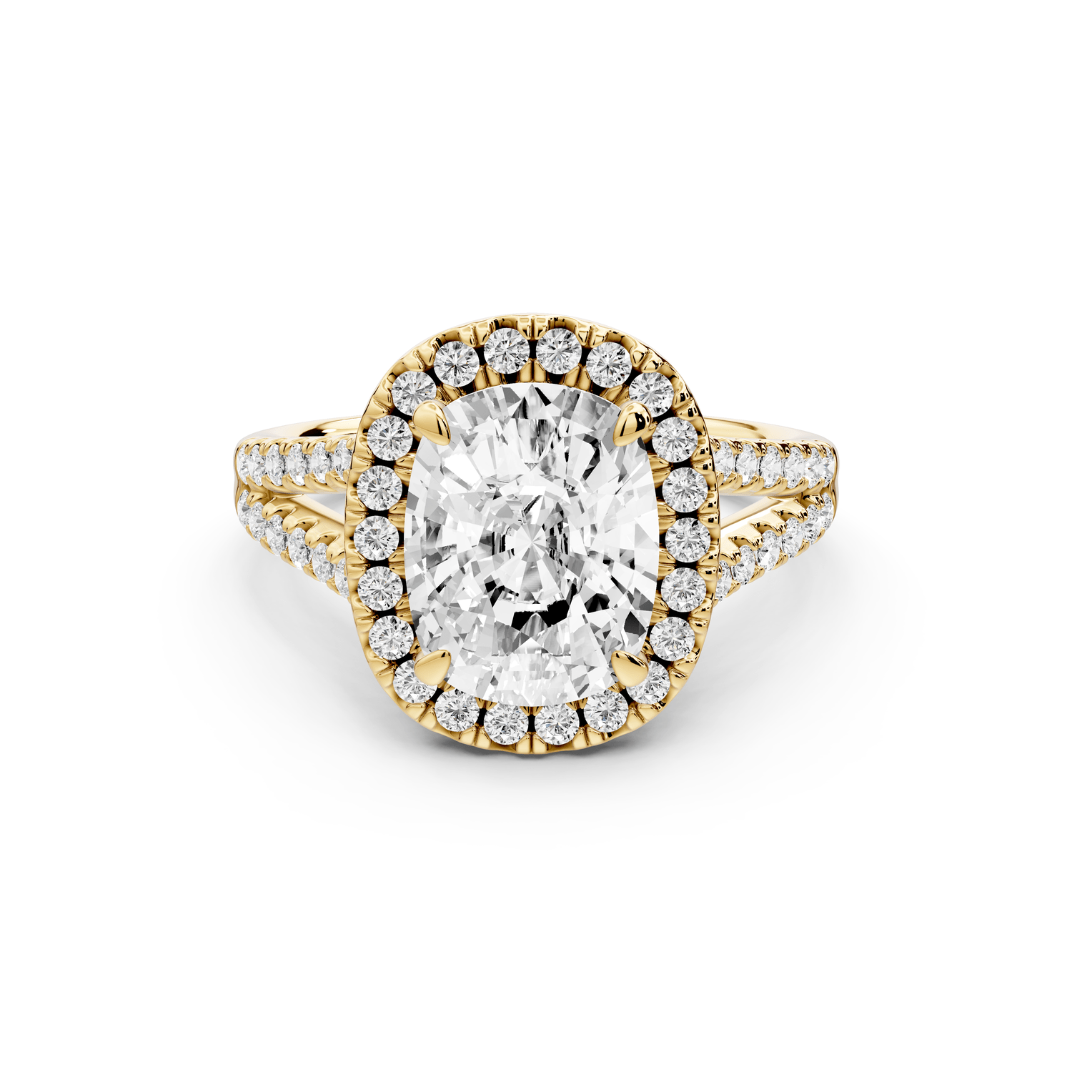 Gabrielle - 3ct 14k yellow gold ecushion Diamond Graduated Halo Pavé Split Shank Engagement Ring - Mr. Alex Jewelry
