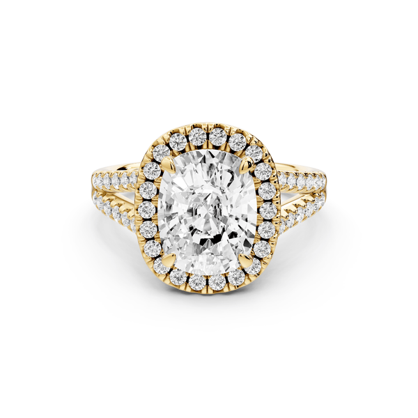 Gabrielle - 3ct 14k yellow gold ecushion Diamond Graduated Halo Pavé Split Shank Engagement Ring - Mr. Alex Jewelry