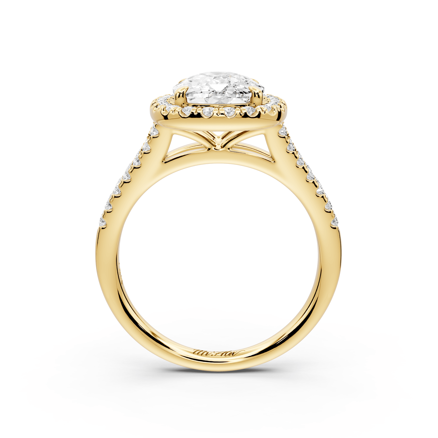Gabrielle - 3ct 14k yellow gold ecushion Diamond Graduated Halo Pavé Split Shank Engagement Ring - Mr. Alex Jewelry