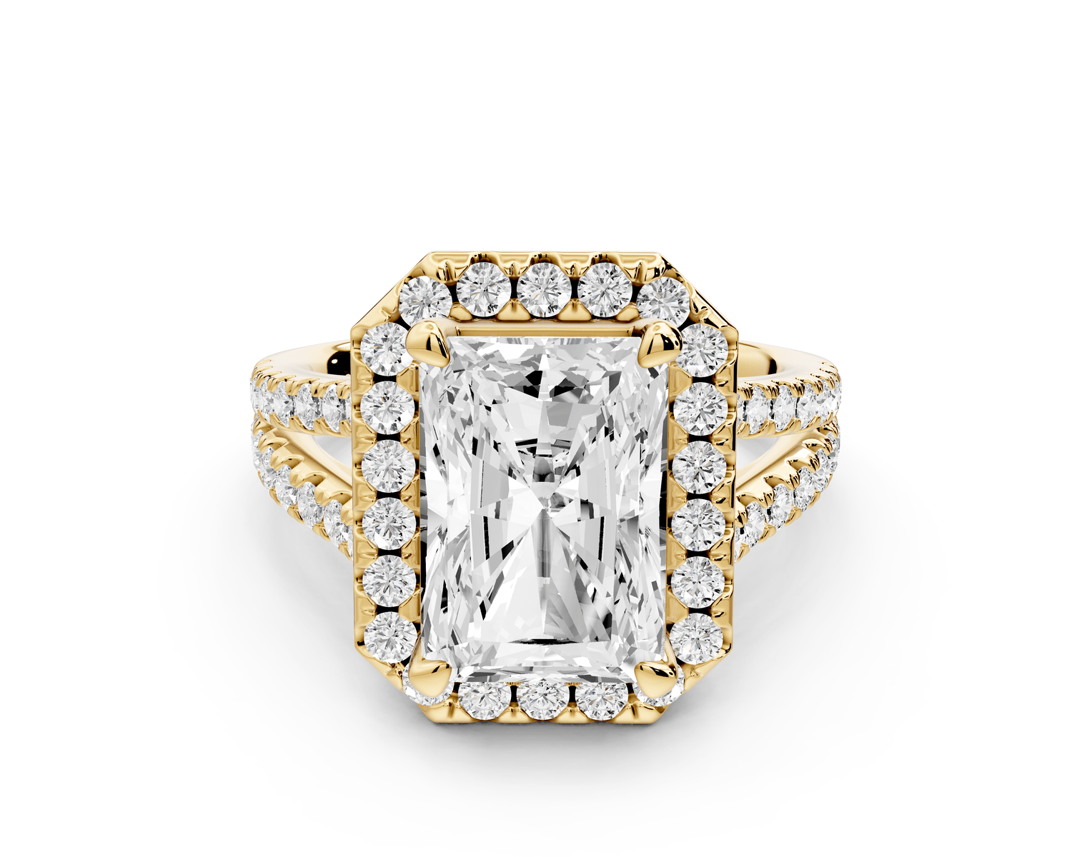 Gabrielle - 3ct 14k yellow gold radiant Diamond Graduated Halo Pavé Split Shank Engagement Ring - Mr. Alex Jewelry