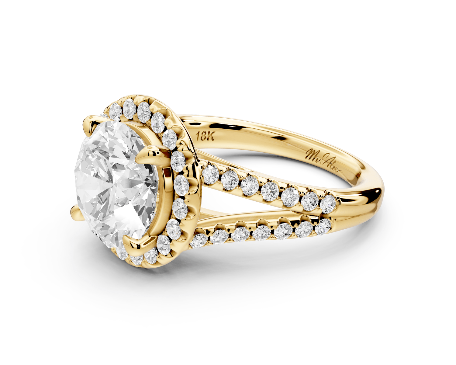 Gabrielle - 3ct 14k yellow gold round Diamond Graduated Halo Pavé Split Shank Engagement Ring - Mr. Alex Jewelry