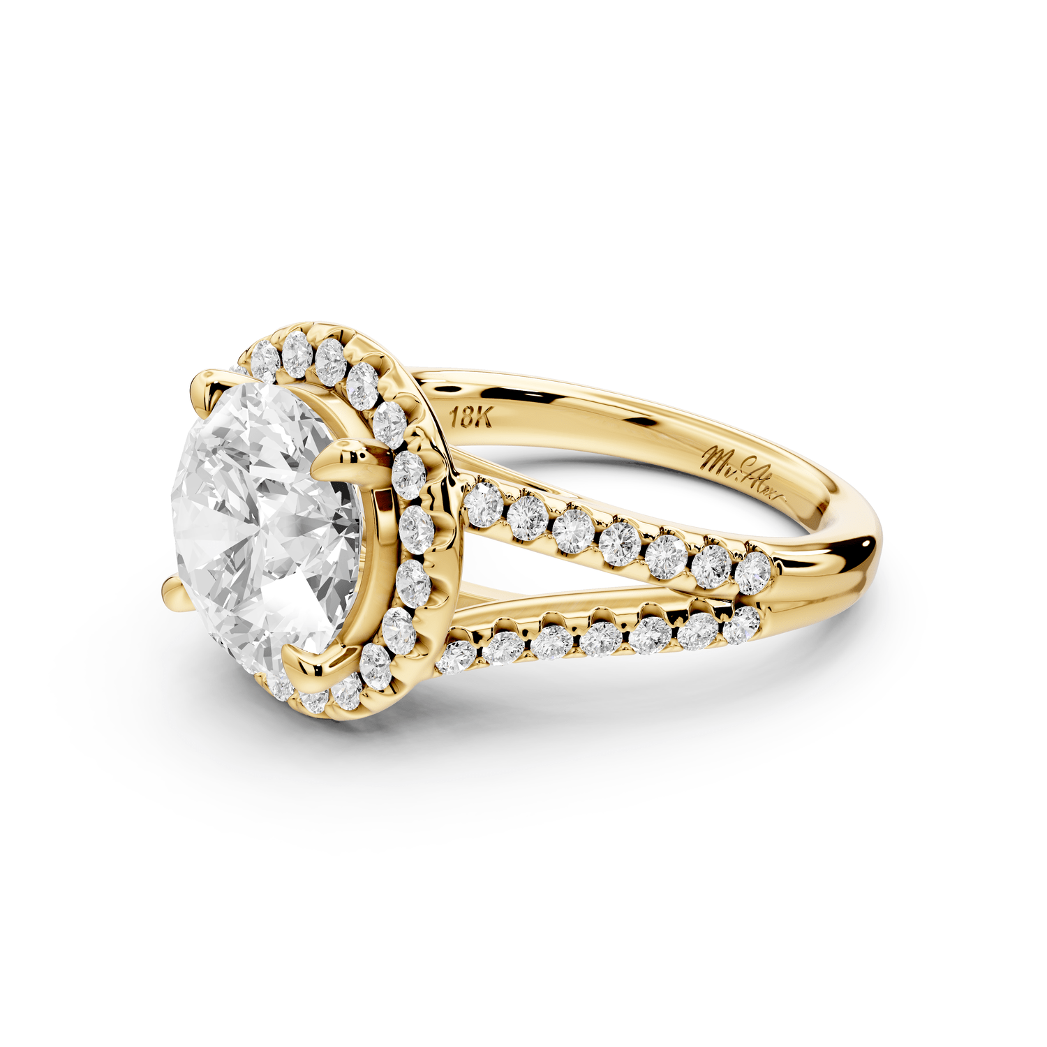 Gabrielle - 3ct 14k yellow gold round Diamond Graduated Halo Pavé Split Shank Engagement Ring - Mr. Alex Jewelry