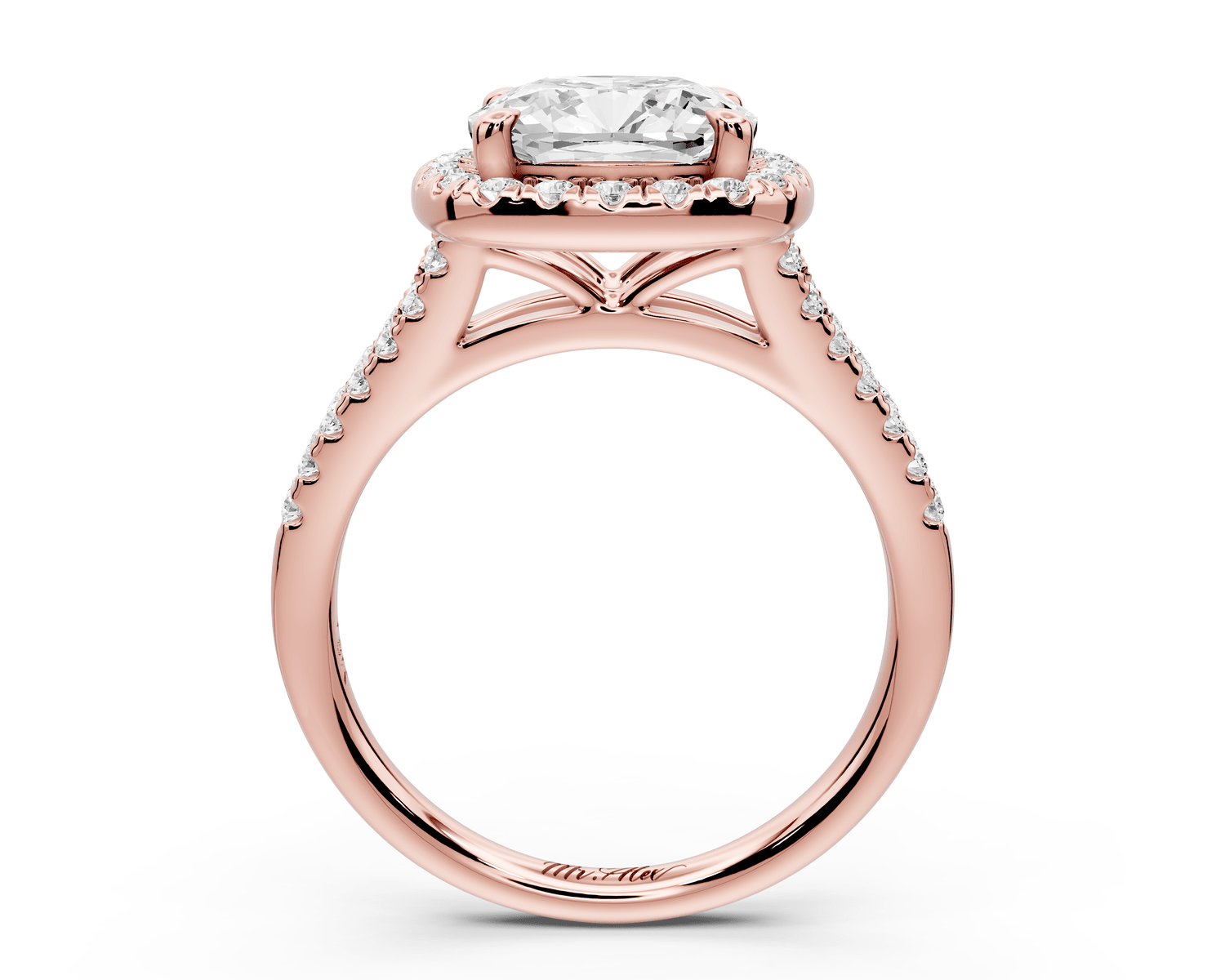 Gabrielle - 3ct 18k rose gold cushion Diamond Graduated Halo Pavé Split Shank Engagement Ring - Mr. Alex Jewelry