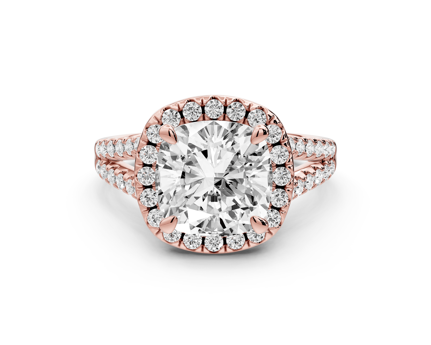 Gabrielle - 3ct 18k rose gold cushion Diamond Graduated Halo Pavé Split Shank Engagement Ring - Mr. Alex Jewelry