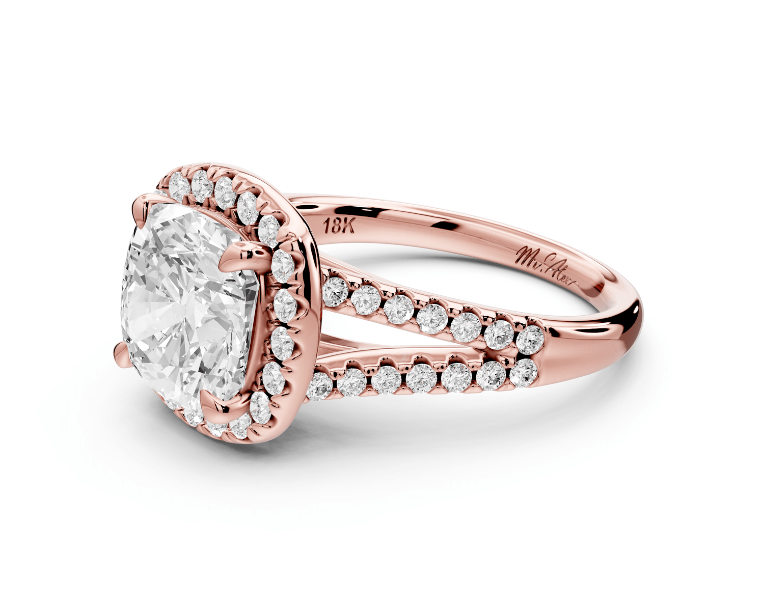 Gabrielle - 3ct 18k rose gold cushion Diamond Graduated Halo Pavé Split Shank Engagement Ring - Mr. Alex Jewelry
